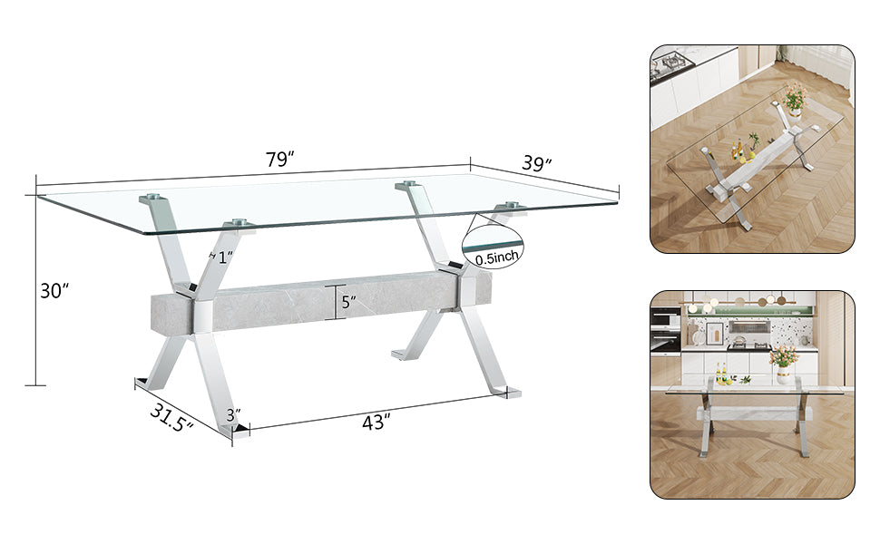Modern Luxury Tempered Silver Chrome Plated Glass Table with White Support Crossbar_16