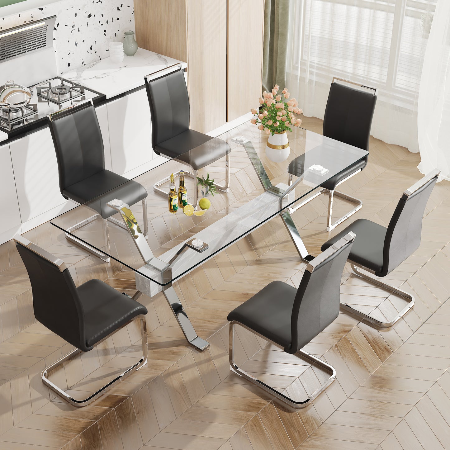 Modern Luxury Tempered Silver Chrome Plated Glass Table with White Support Crossbar_7