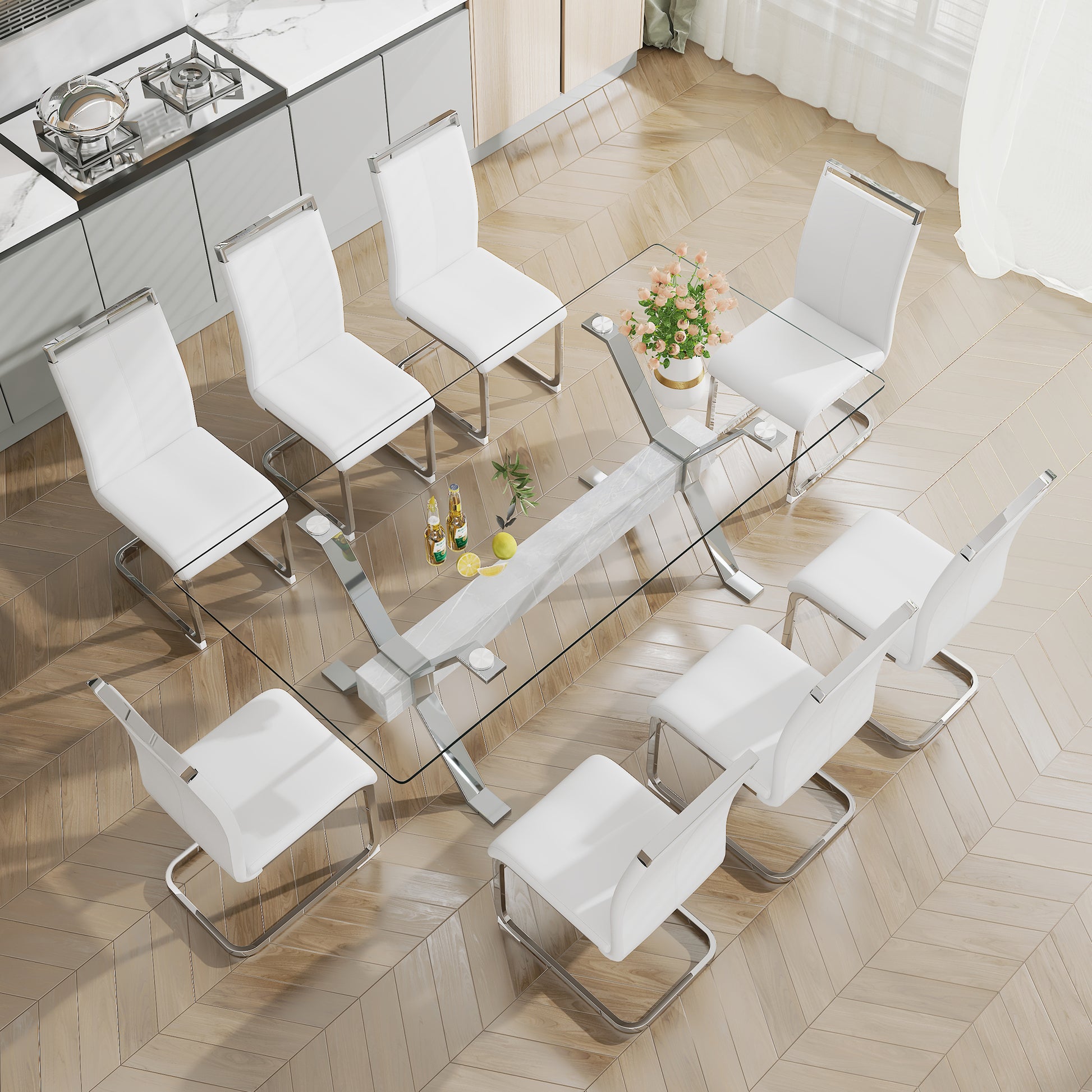 Modern Luxury Tempered Silver Chrome Plated Glass Table with White Support Crossbar_3