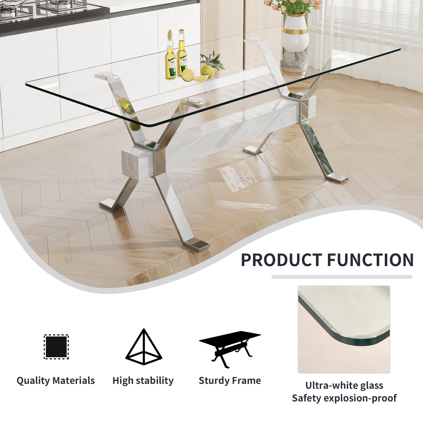 Modern Luxury Tempered Silver Chrome Plated Glass Table with White Support Crossbar_13