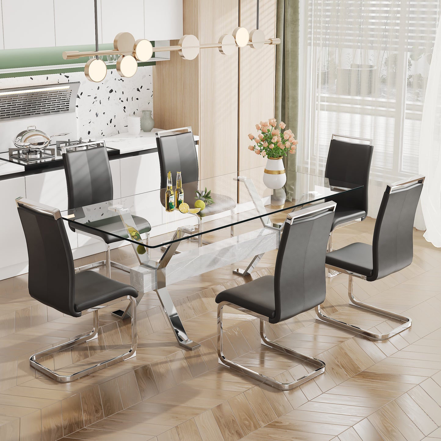 Modern Luxury Tempered Silver Chrome Plated Glass Table with White Support Crossbar_10