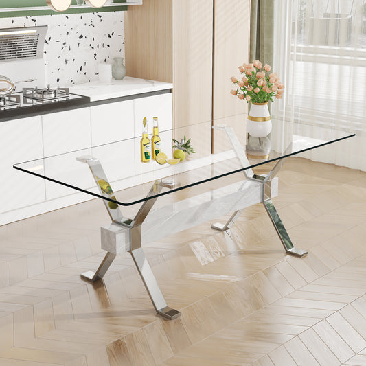 Modern Luxury Tempered Silver Chrome Plated Glass Table with White Support Crossbar_0