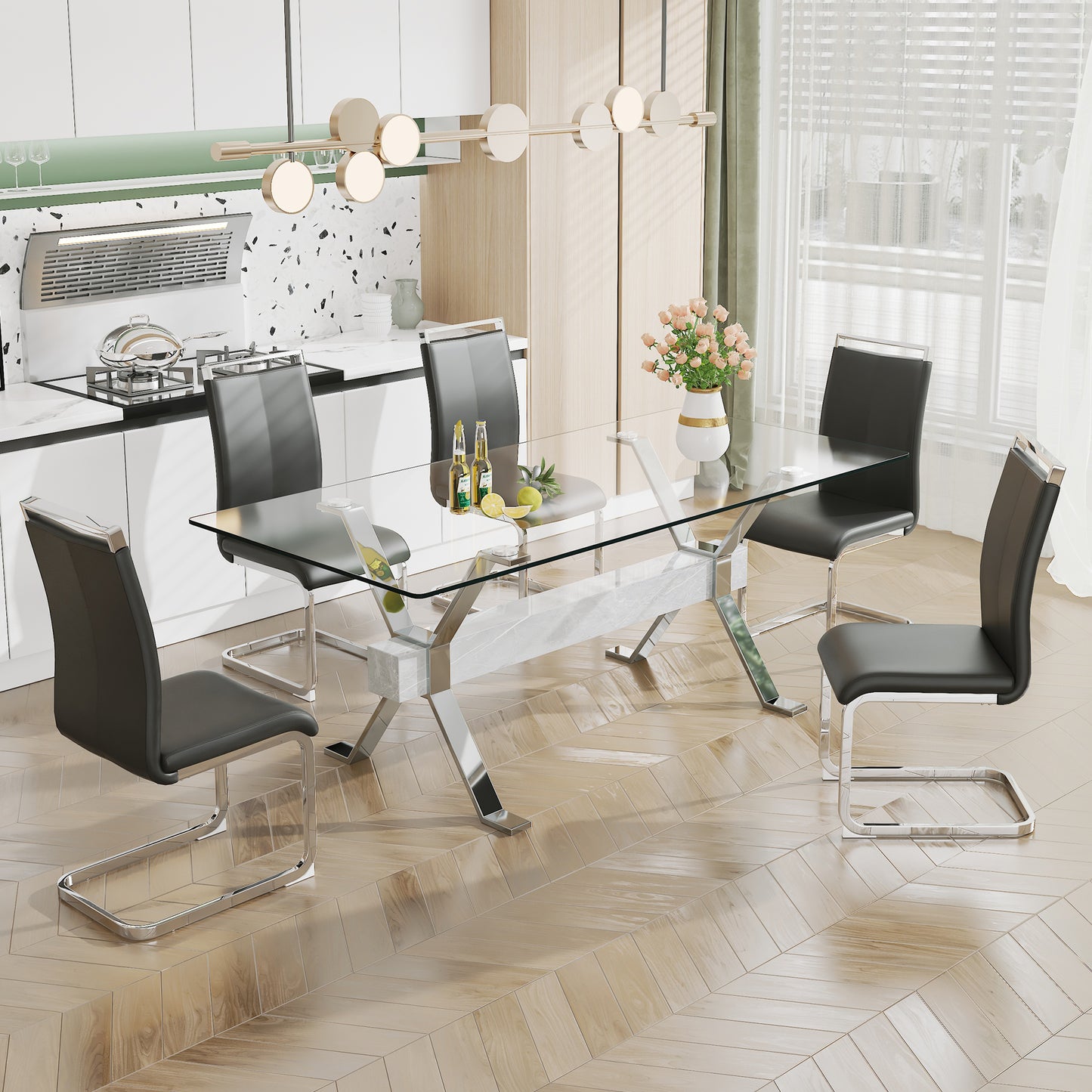 Modern Luxury Tempered Silver Chrome Plated Glass Table with White Support Crossbar_6