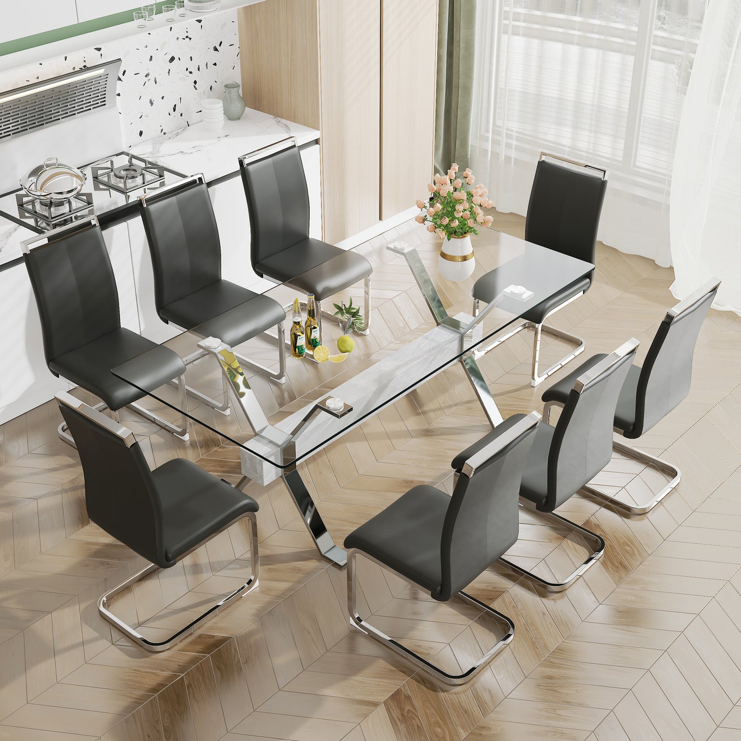 Modern Luxury Tempered Silver Chrome Plated Glass Table with White Support Crossbar_12