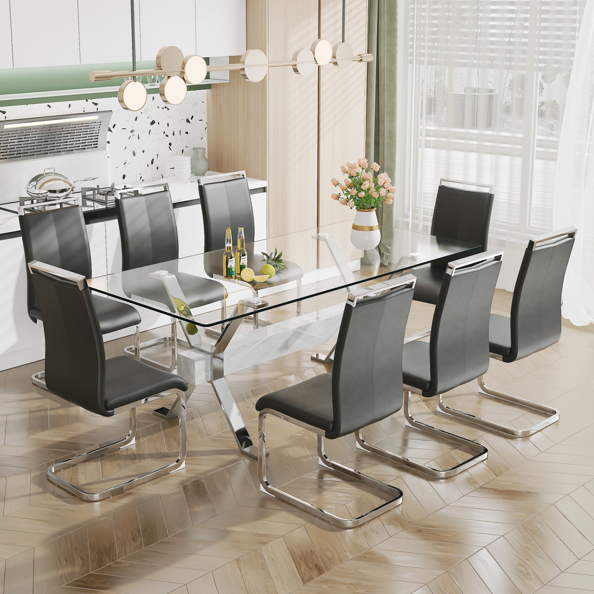 Modern Luxury Tempered Silver Chrome Plated Glass Table with White Support Crossbar_11