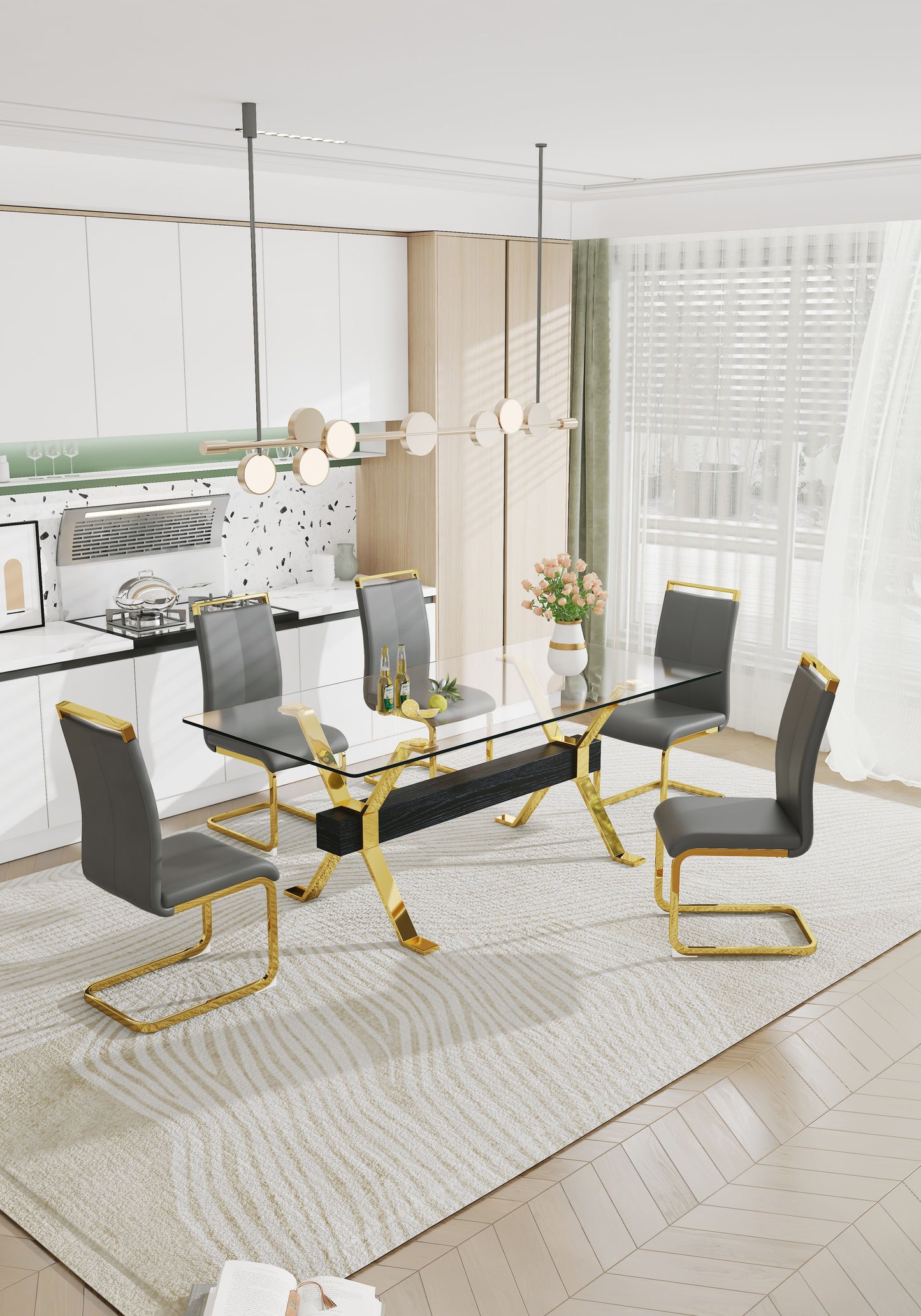 Modern Luxury Tempered Gold Chrome Plated Glass Table with Black Support Crossbar_10