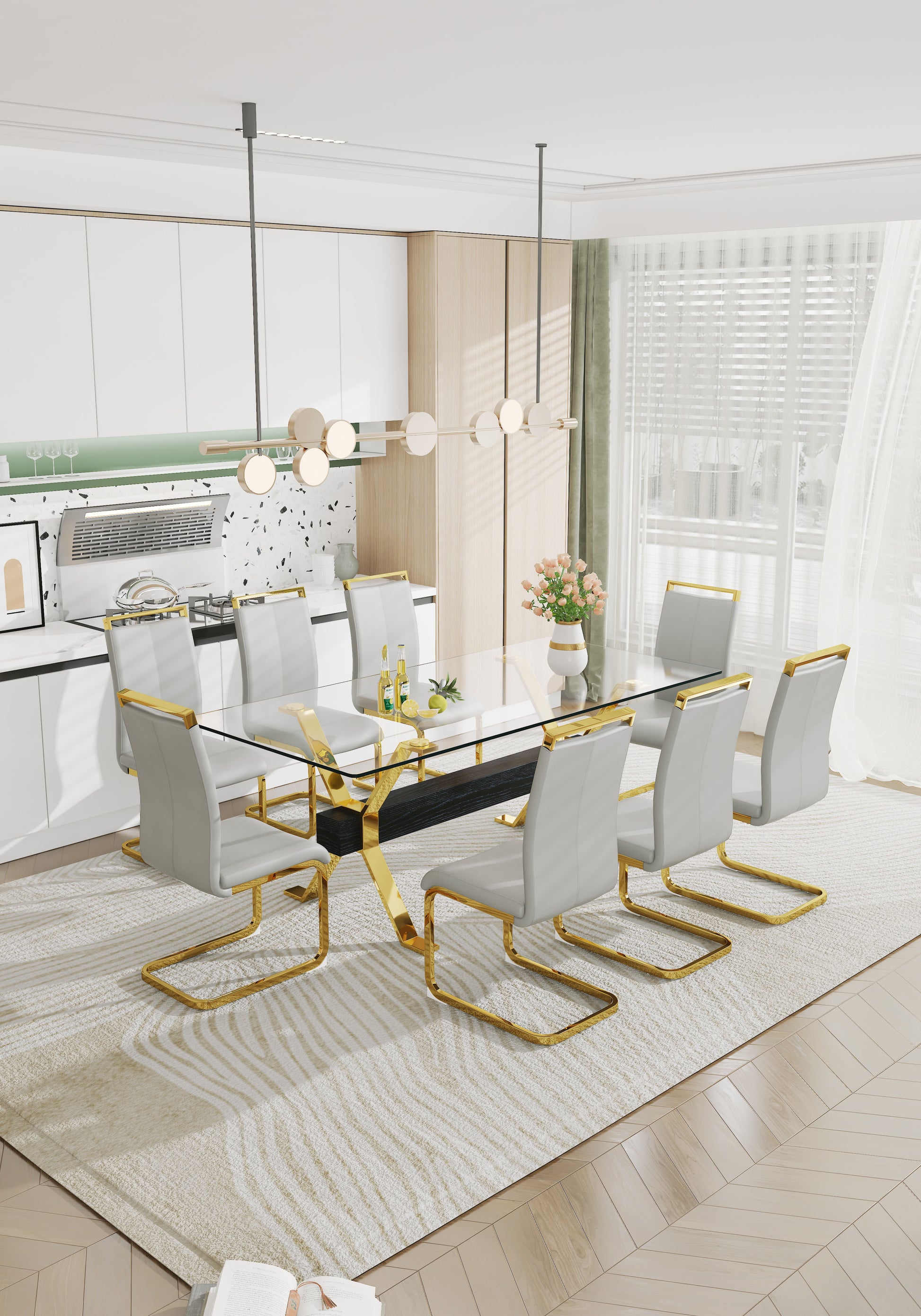 Modern Luxury Tempered Gold Chrome Plated Glass Table with Black Support Crossbar_15