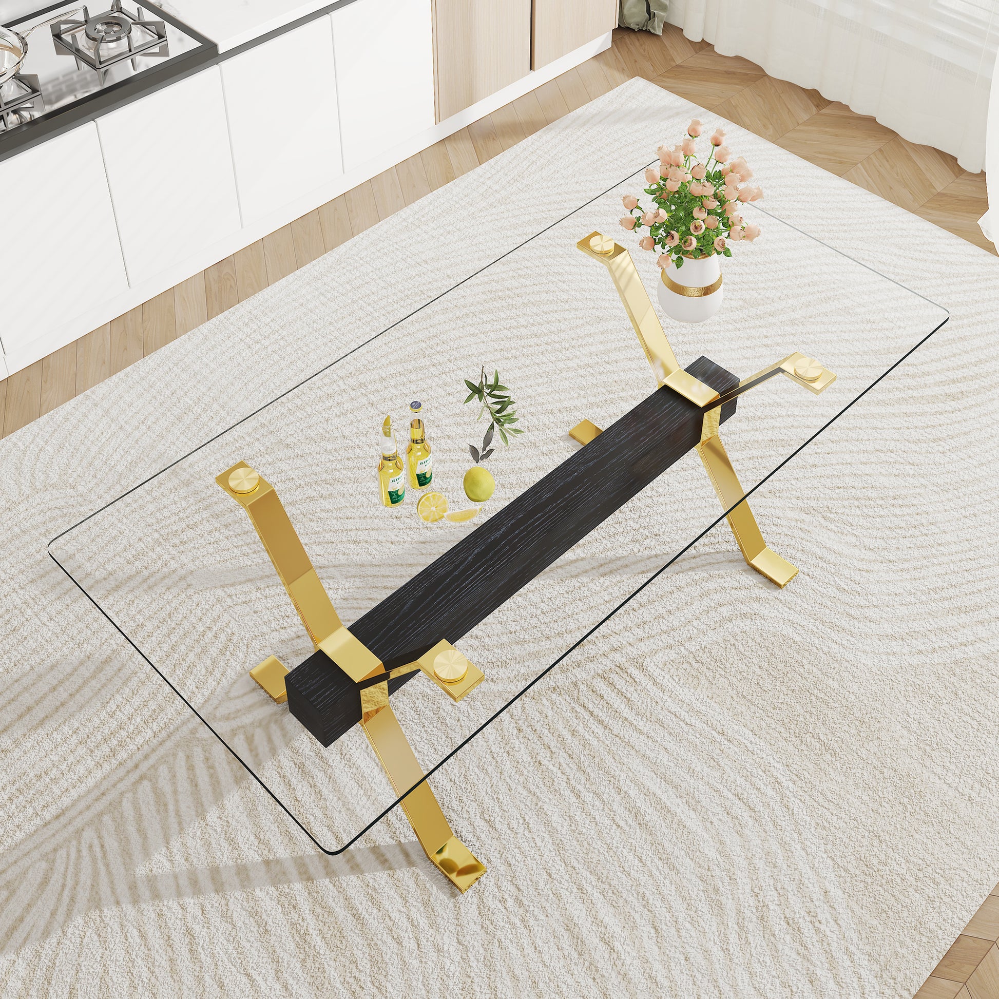 Modern Luxury Tempered Gold Chrome Plated Glass Table with Black Support Crossbar_2