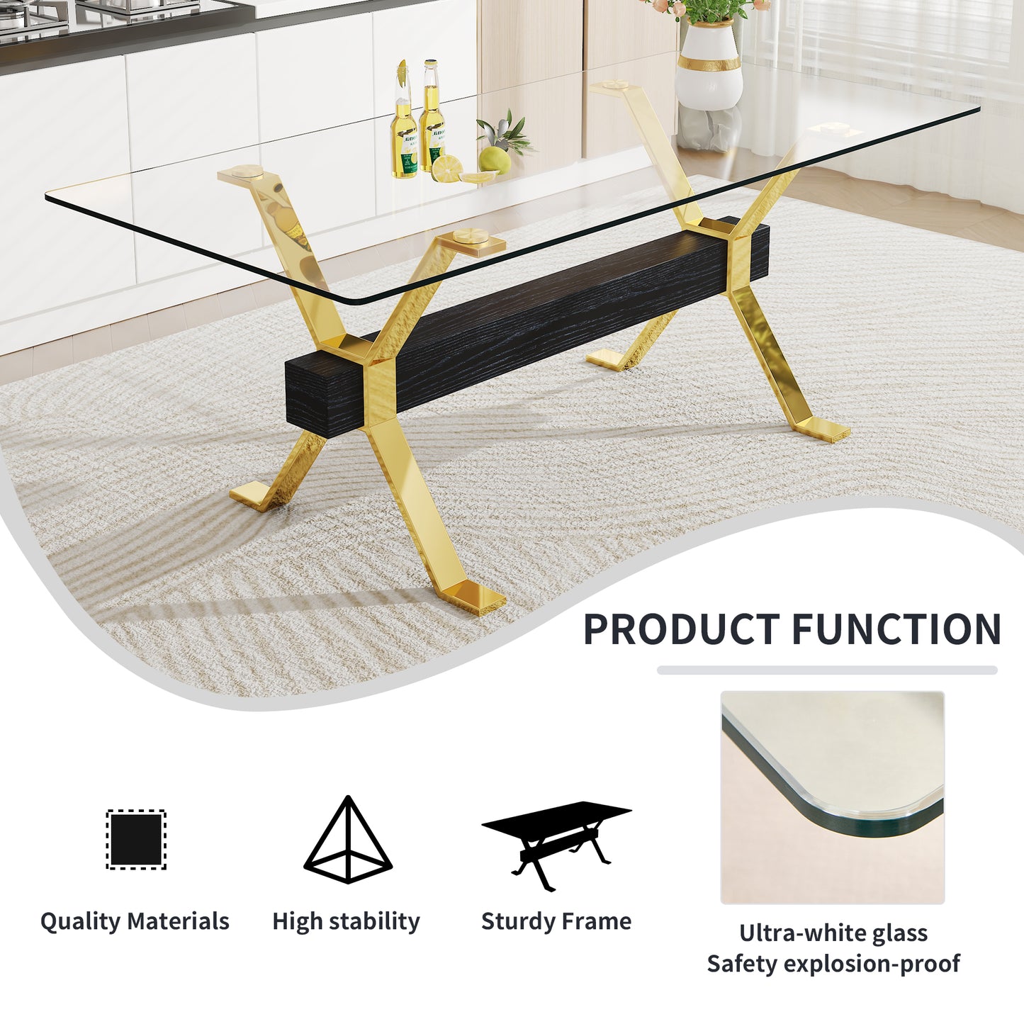 Modern Luxury Tempered Gold Chrome Plated Glass Table with Black Support Crossbar_19
