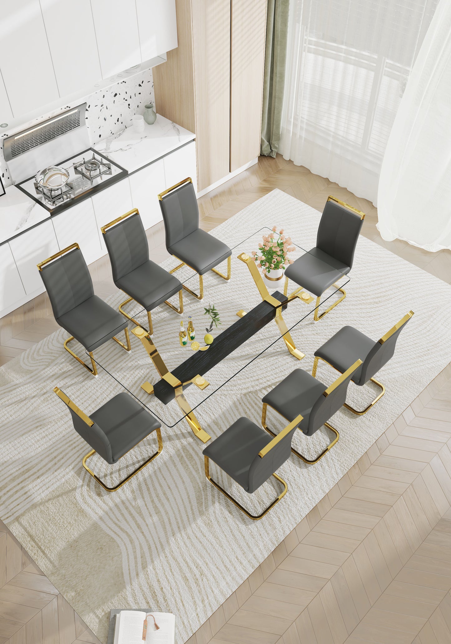 Modern Luxury Tempered Gold Chrome Plated Glass Table with Black Support Crossbar_11