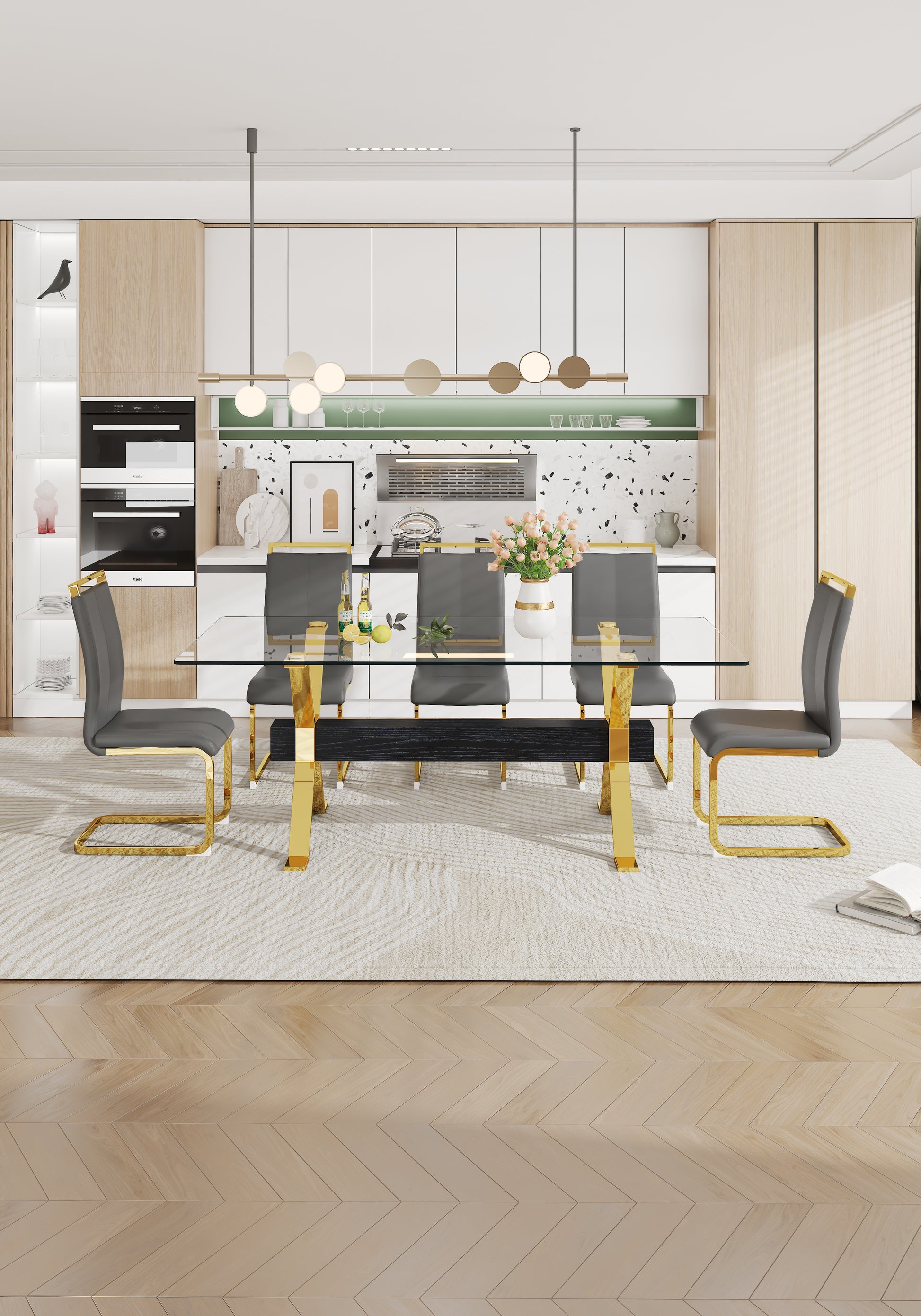 Modern Luxury Tempered Gold Chrome Plated Glass Table with Black Support Crossbar_4