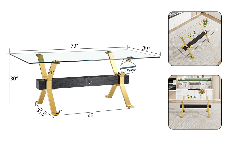 Modern Luxury Tempered Gold Chrome Plated Glass Table with Black Support Crossbar_22