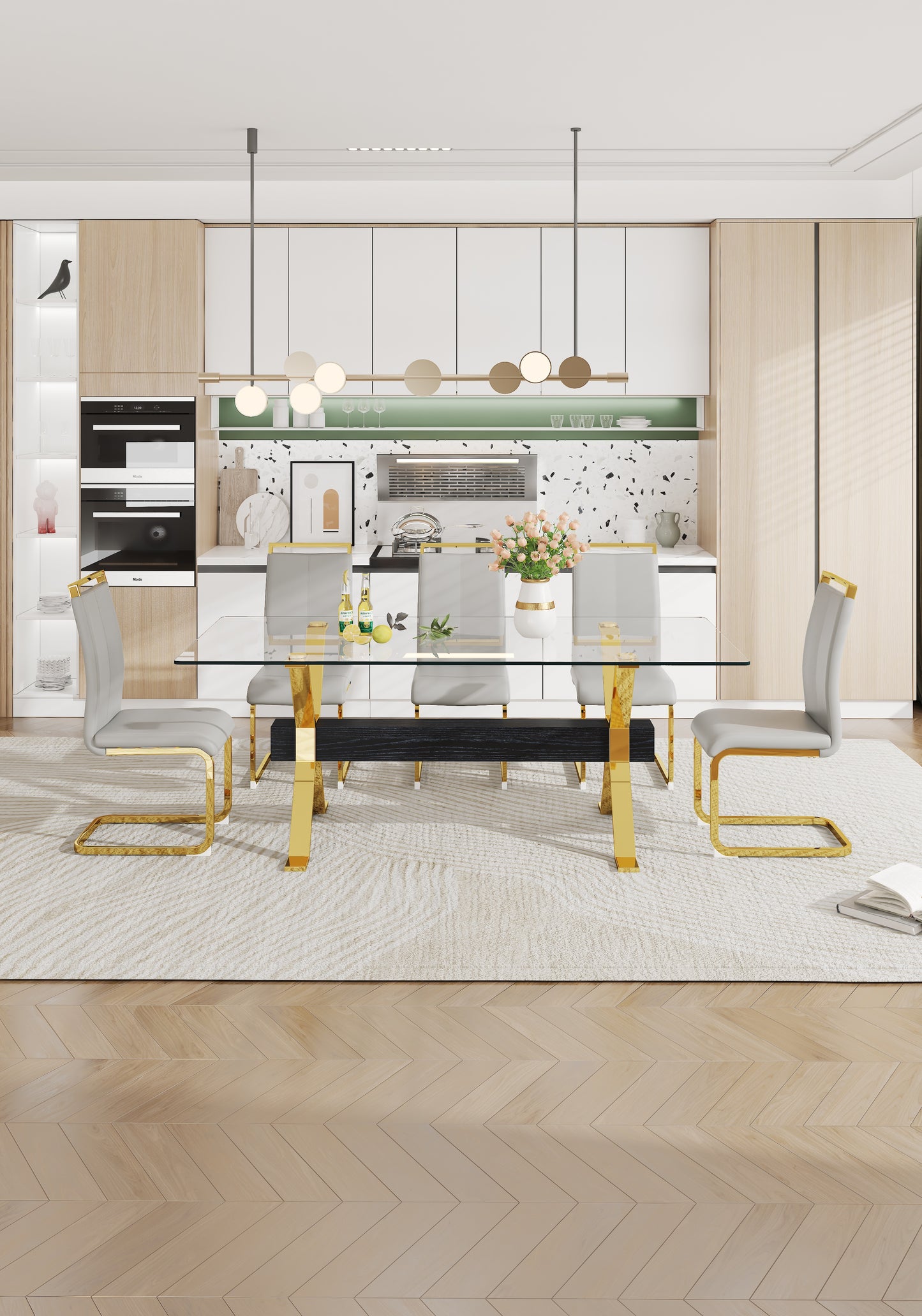 Modern Luxury Tempered Gold Chrome Plated Glass Table with Black Support Crossbar_3