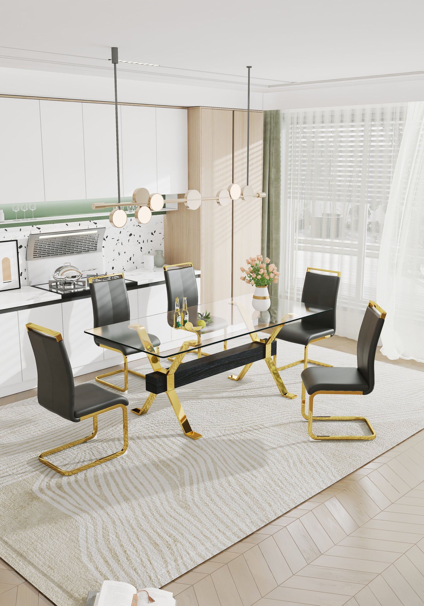 Modern Luxury Tempered Gold Chrome Plated Glass Table with Black Support Crossbar_8