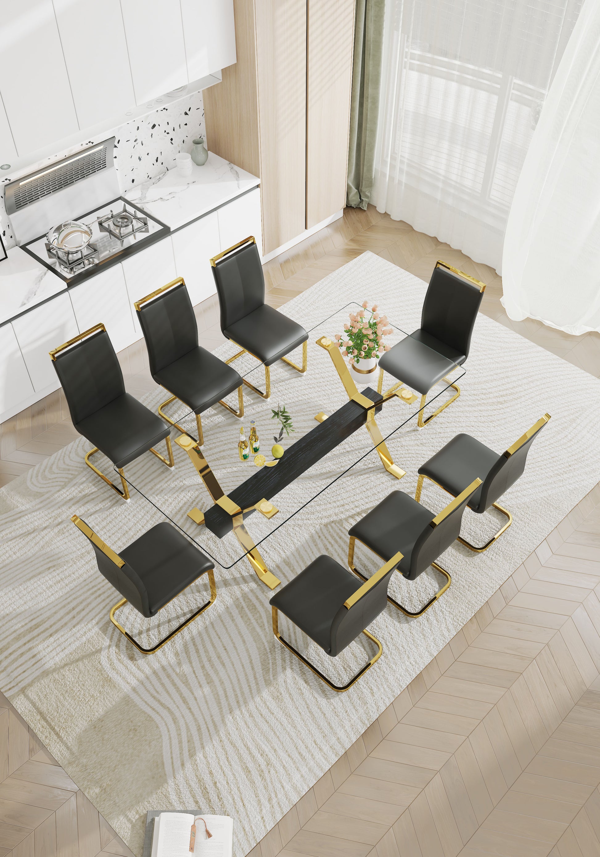 Modern Luxury Tempered Gold Chrome Plated Glass Table with Black Support Crossbar_9