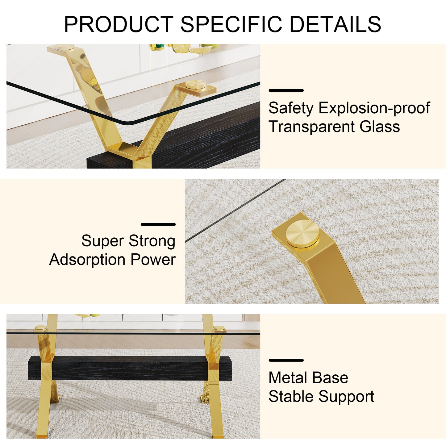 Modern Luxury Tempered Gold Chrome Plated Glass Table with Black Support Crossbar_20