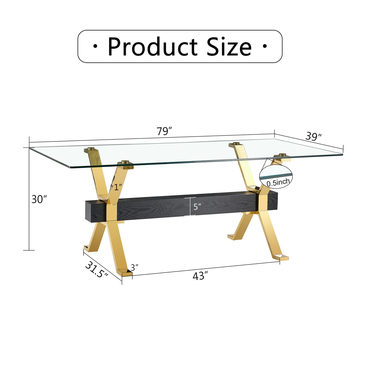 Modern Luxury Tempered Gold Chrome Plated Glass Table with Black Support Crossbar_21