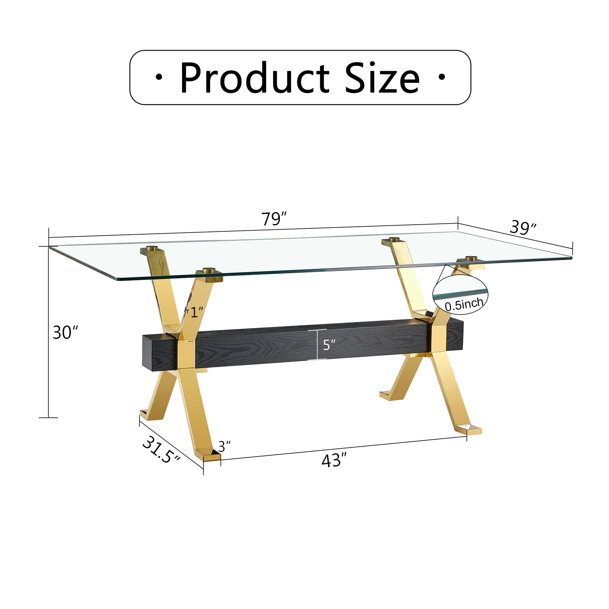 Modern Luxury Tempered Gold Chrome Plated Glass Table with Black Support Crossbar_21