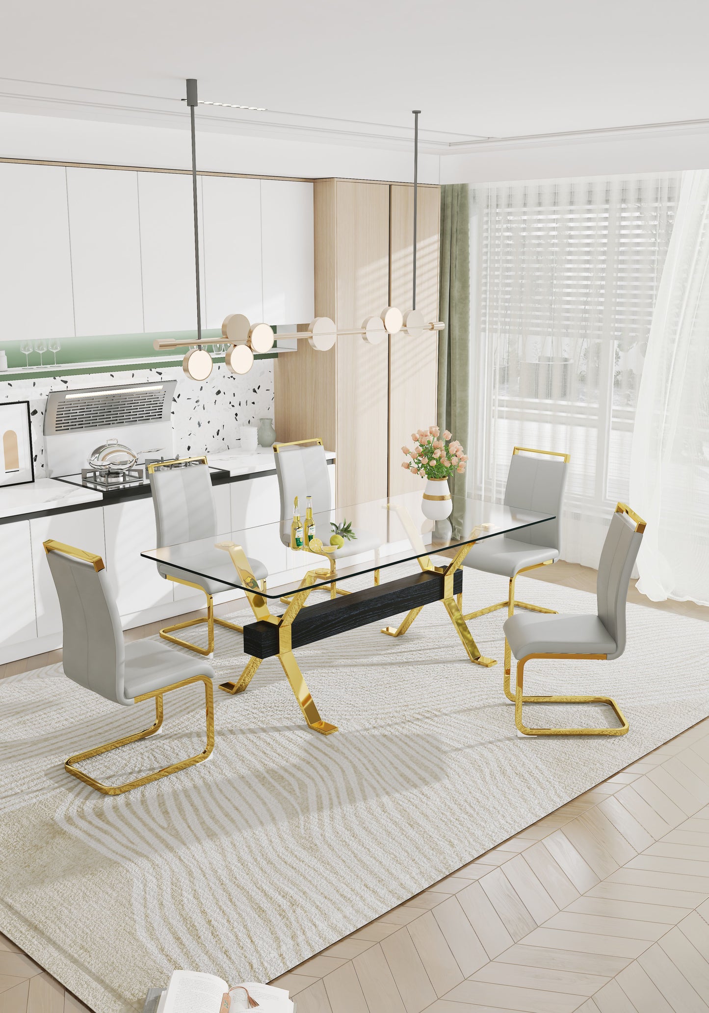 Modern Luxury Tempered Gold Chrome Plated Glass Table with Black Support Crossbar_7