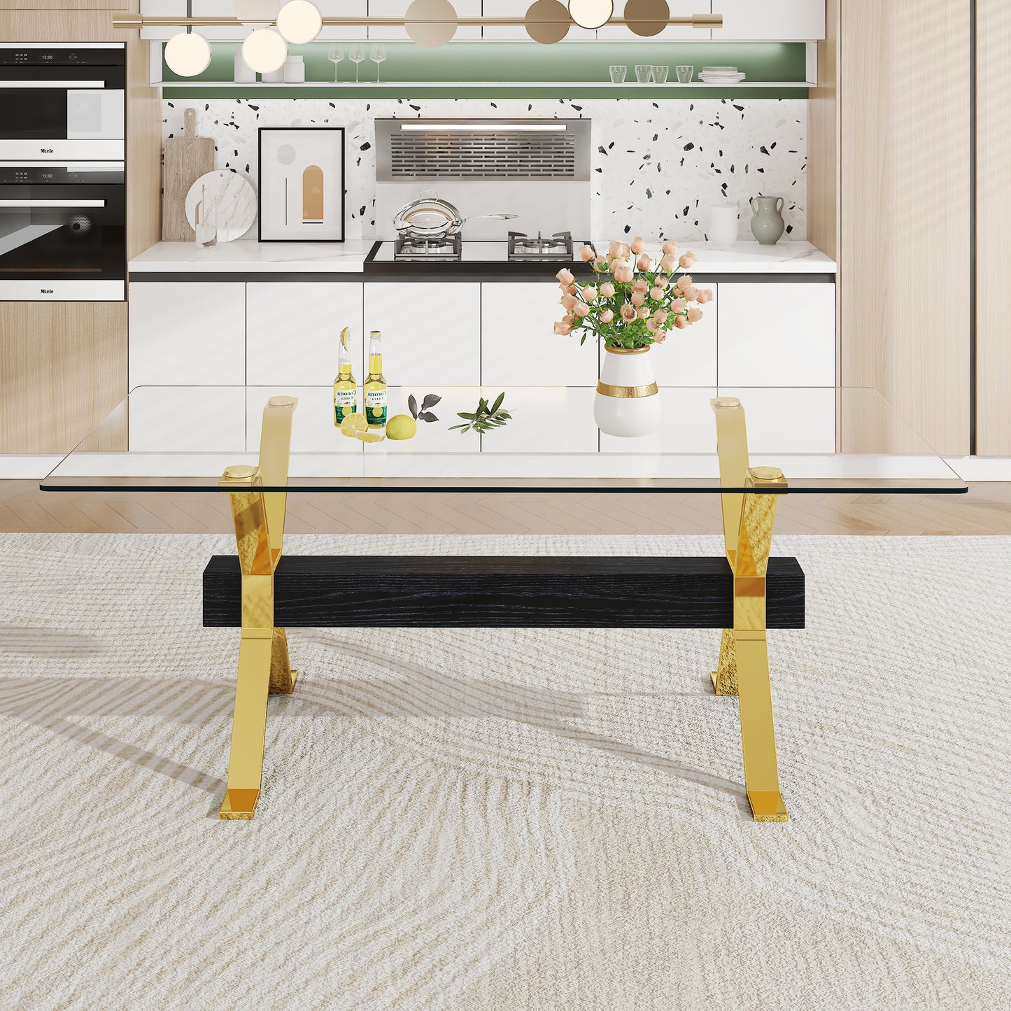 Modern Luxury Tempered Gold Chrome Plated Glass Table with Black Support Crossbar_1