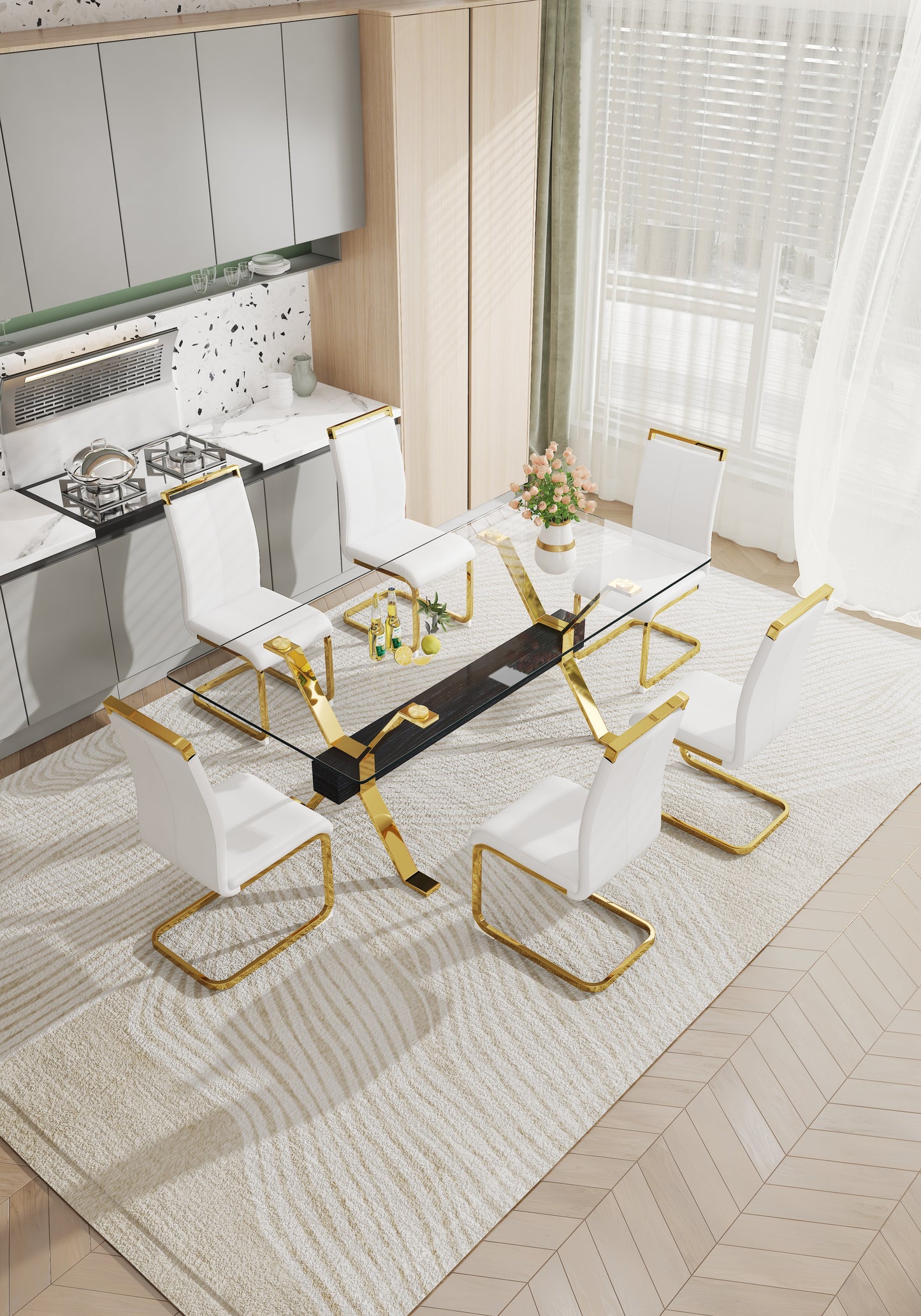 Modern Luxury Tempered Gold Chrome Plated Glass Table with Black Support Crossbar_6