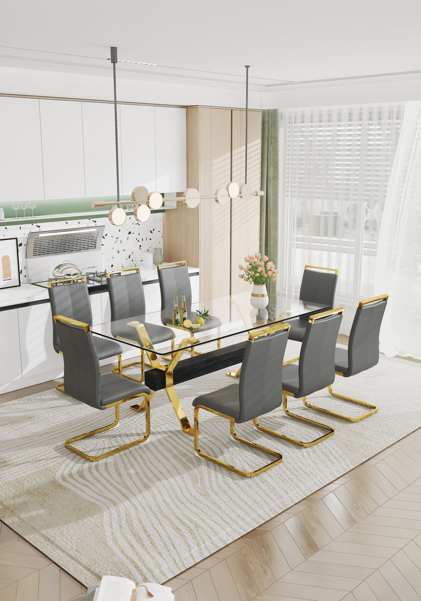 Modern Luxury Tempered Gold Chrome Plated Glass Table with Black Support Crossbar_14