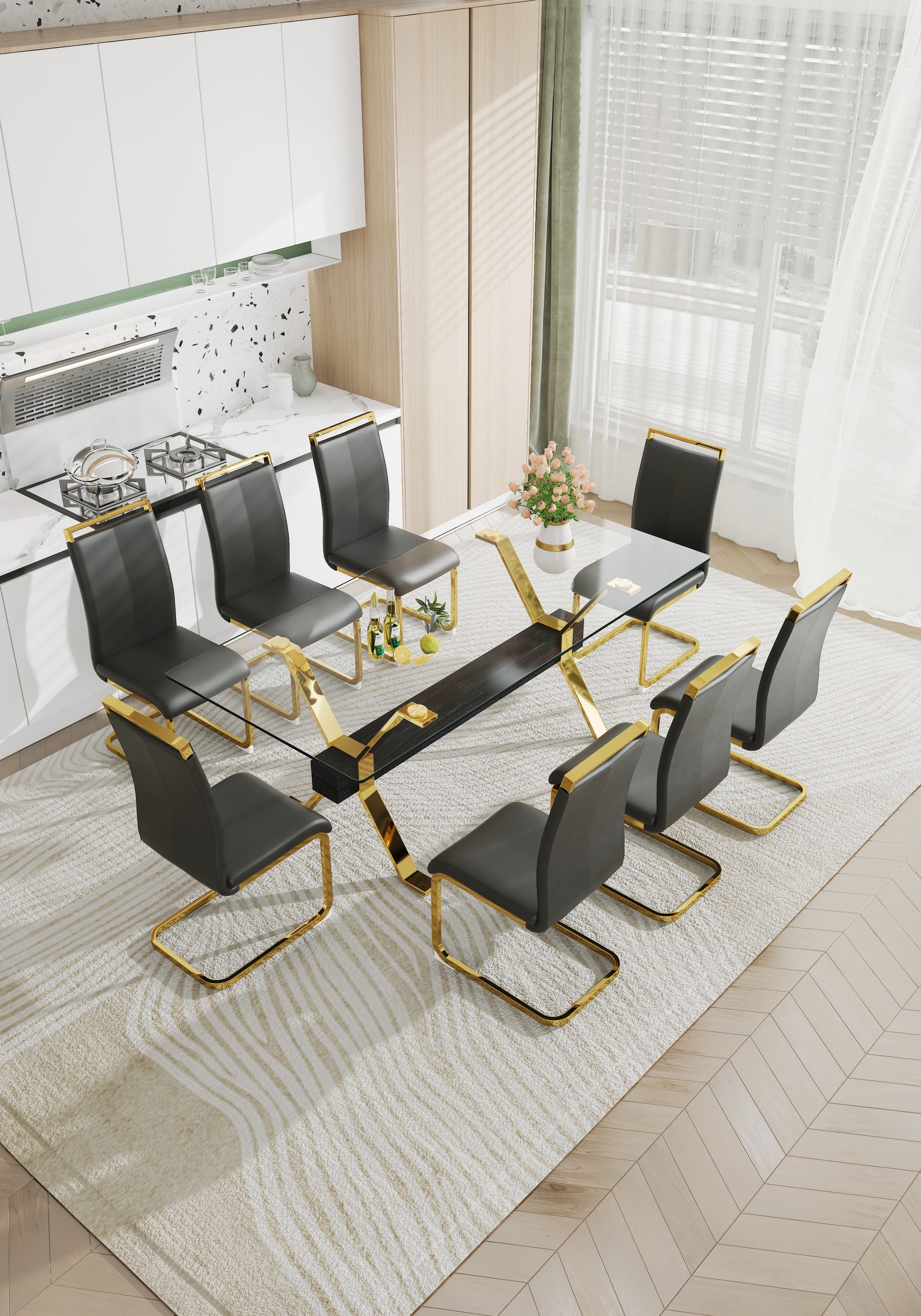 Modern Luxury Tempered Gold Chrome Plated Glass Table with Black Support Crossbar_17