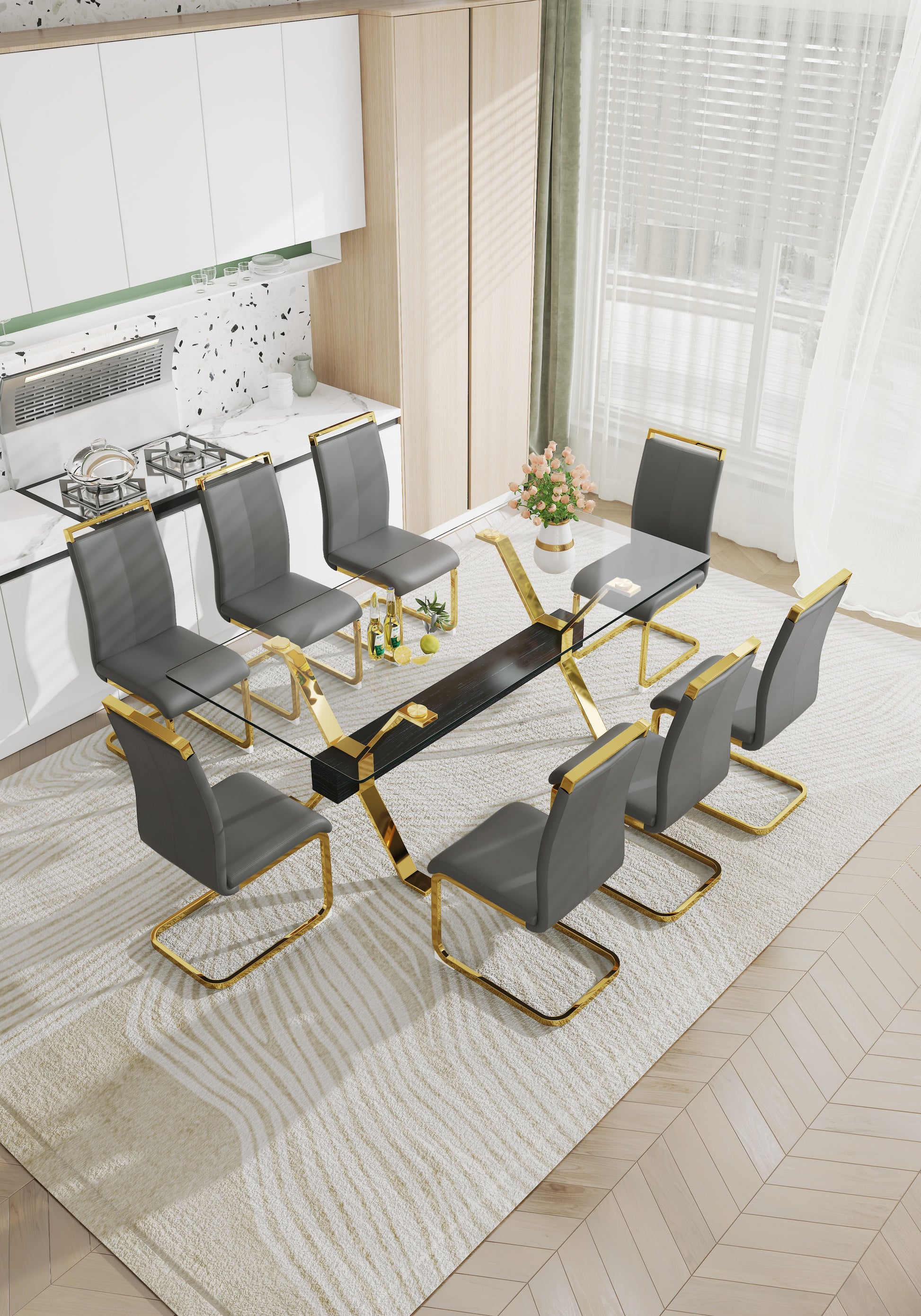 Modern Luxury Tempered Gold Chrome Plated Glass Table with Black Support Crossbar_13
