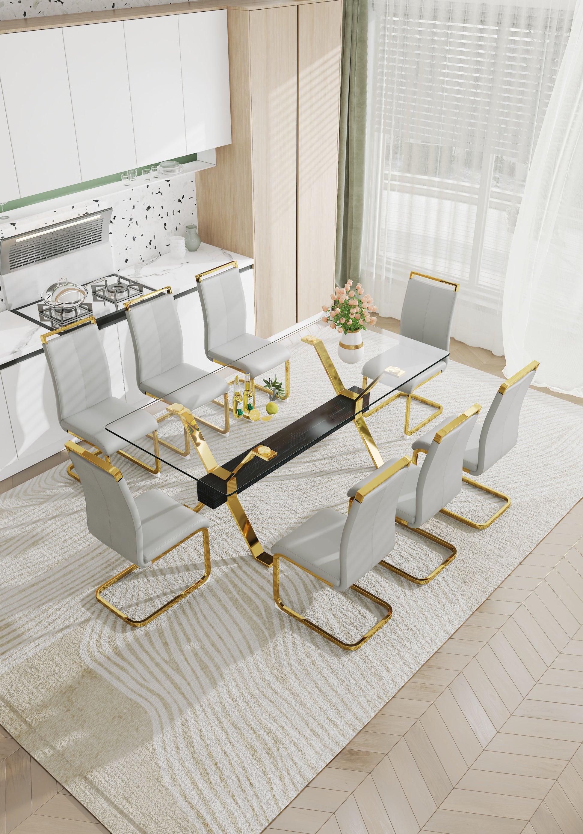 Modern Luxury Tempered Gold Chrome Plated Glass Table with Black Support Crossbar_12