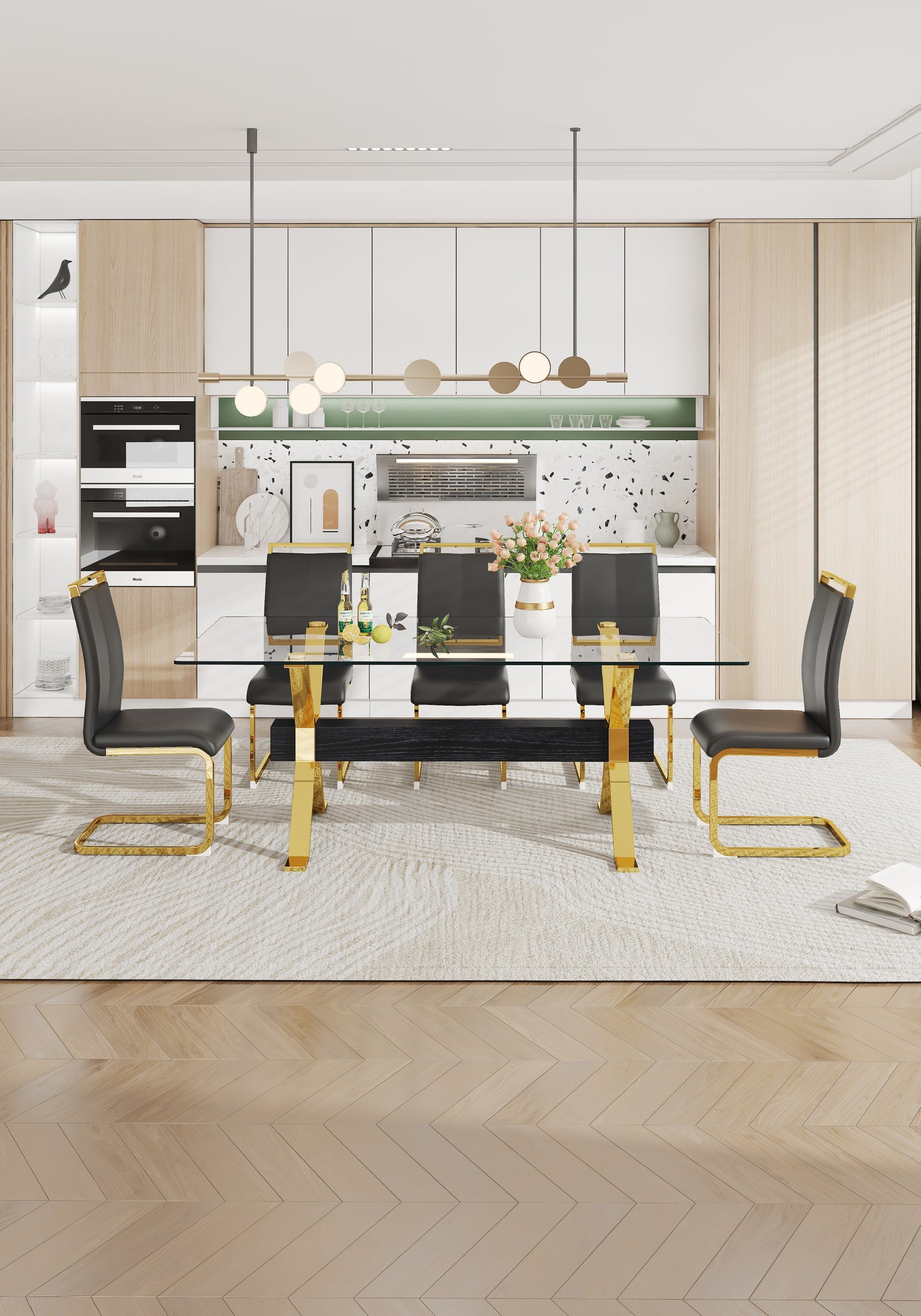 Modern Luxury Tempered Gold Chrome Plated Glass Table with Black Support Crossbar_5