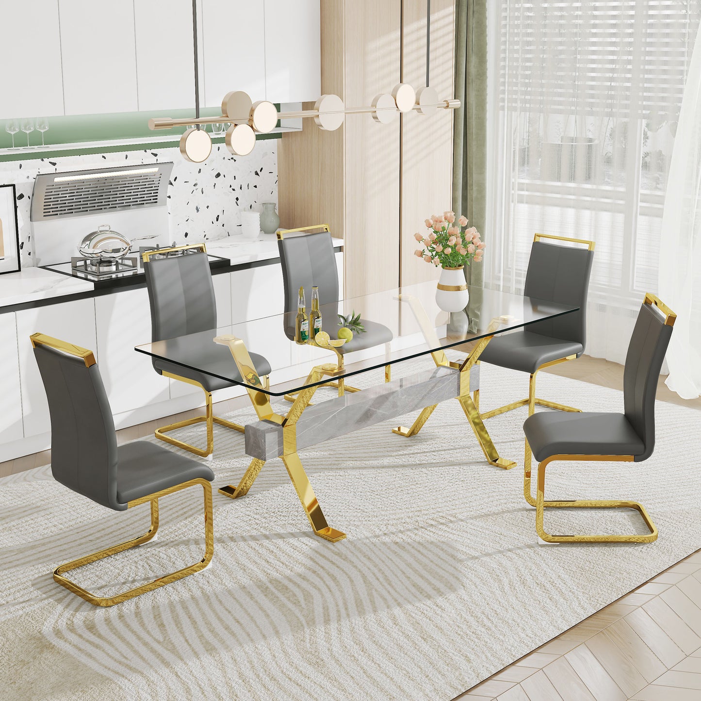Modern Luxury Tempered Gold Chrome Plated Glass Table with Gray Support Crossbar_11