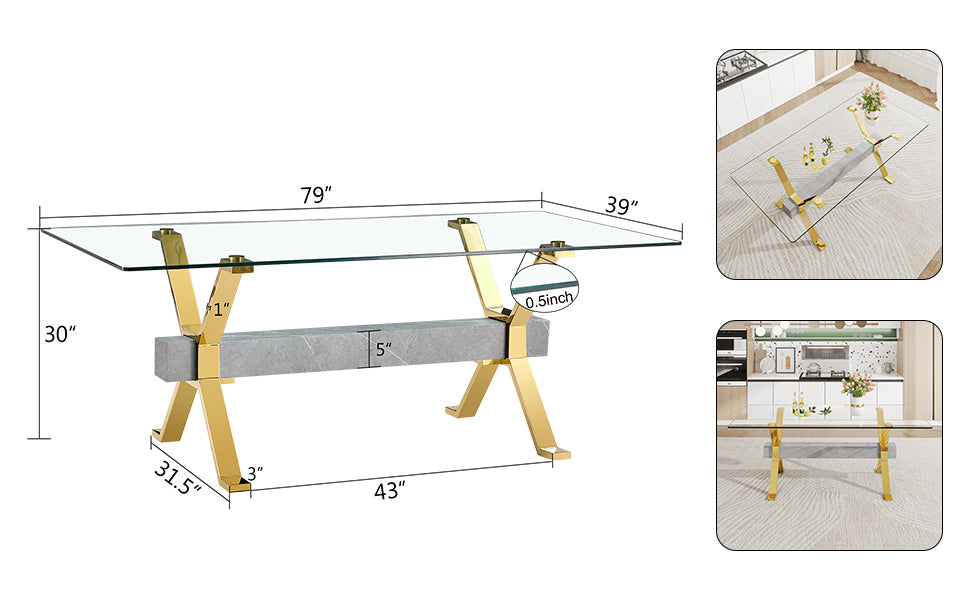 Modern Luxury Tempered Gold Chrome Plated Glass Table with Gray Support Crossbar_25