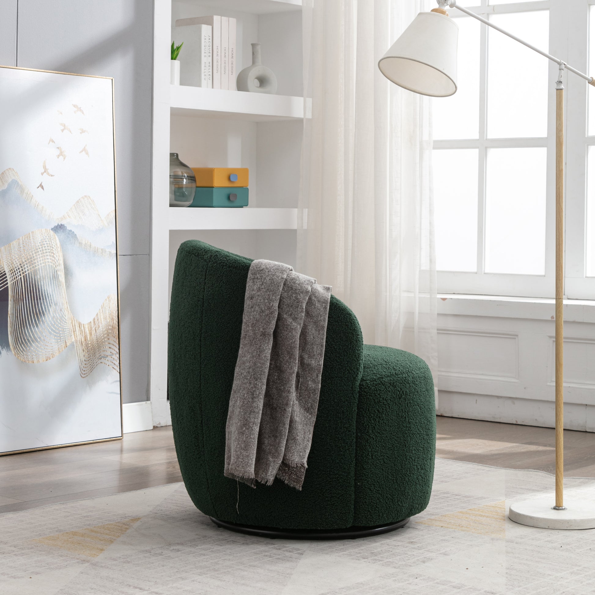 Teddy Fabric Swivel Accent Armchair Barrel Chair With Black Metal Ring- Dark Green_12