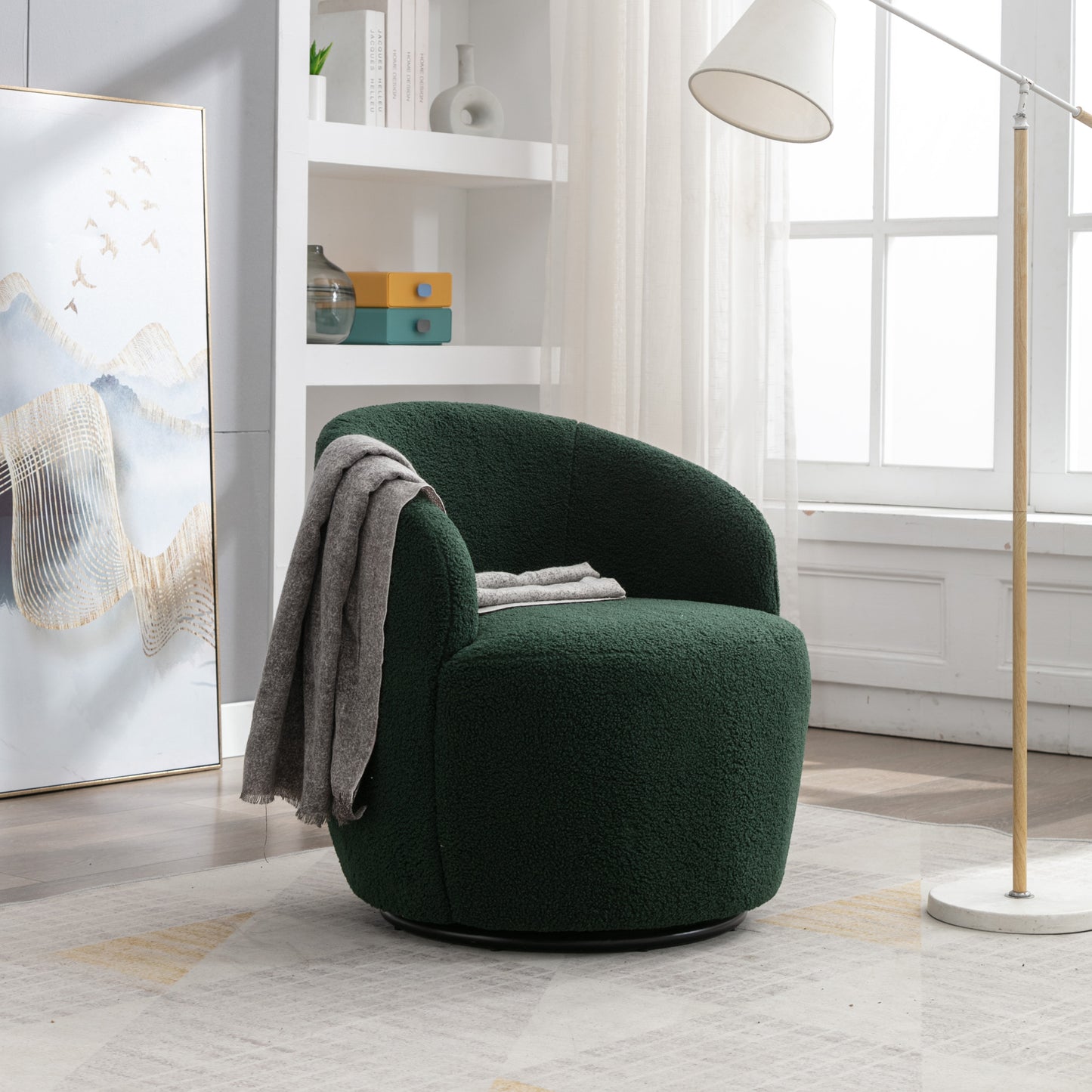 Teddy Fabric Swivel Accent Armchair Barrel Chair With Black Metal Ring- Dark Green_13