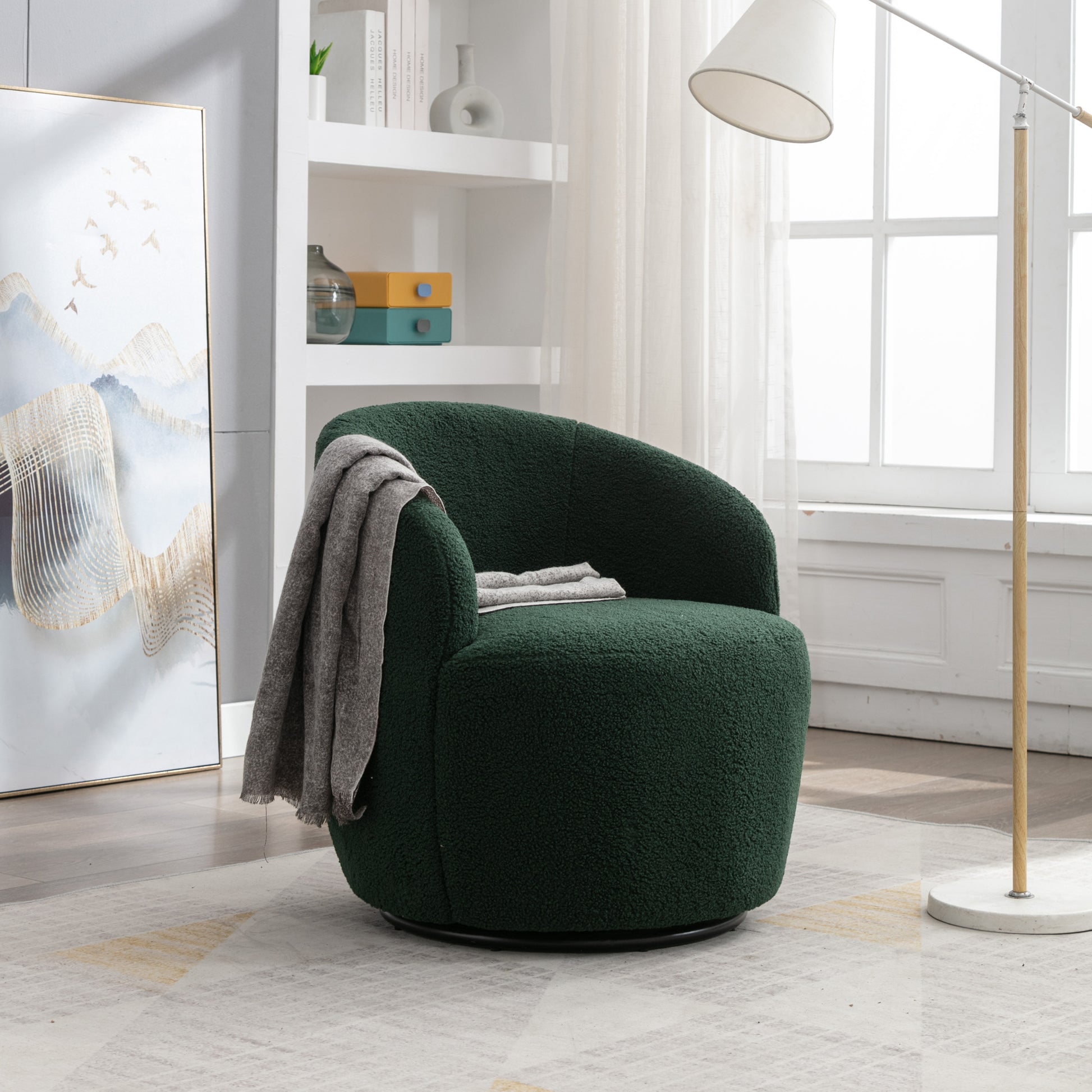 Teddy Fabric Swivel Accent Armchair Barrel Chair With Black Metal Ring- Dark Green_13