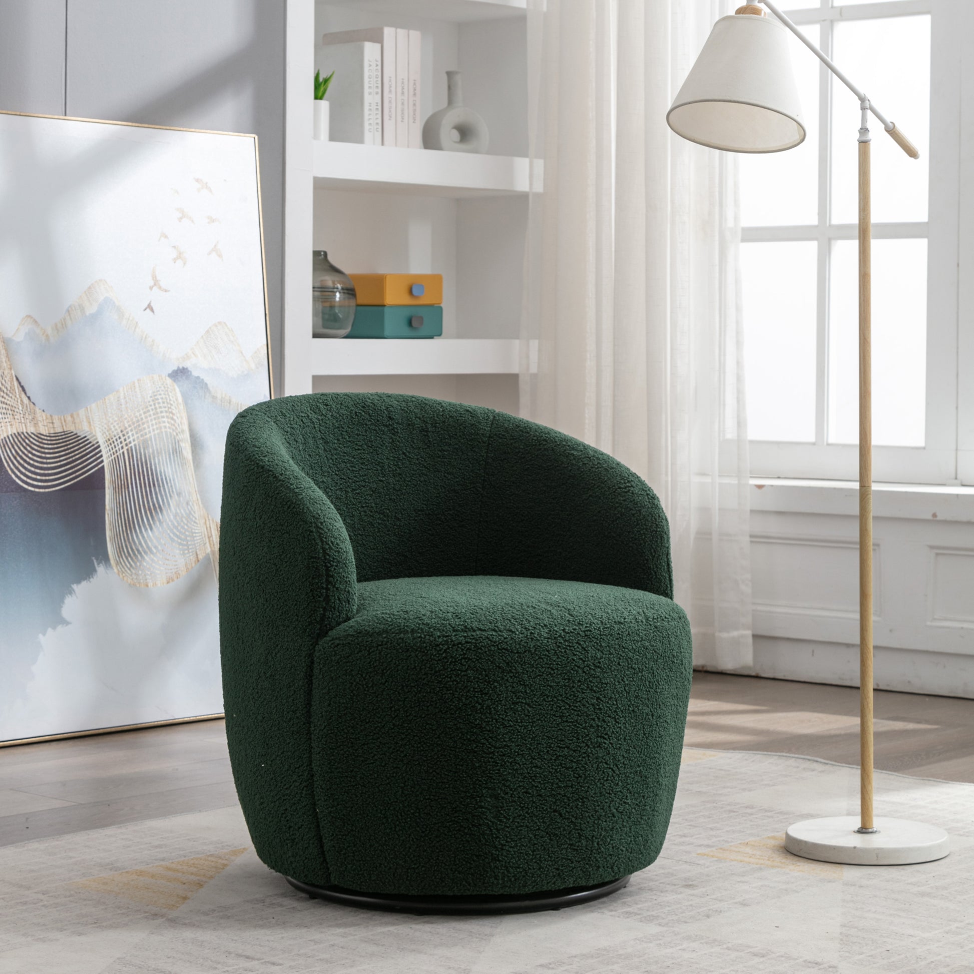 Teddy Fabric Swivel Accent Armchair Barrel Chair With Black Metal Ring- Dark Green_7