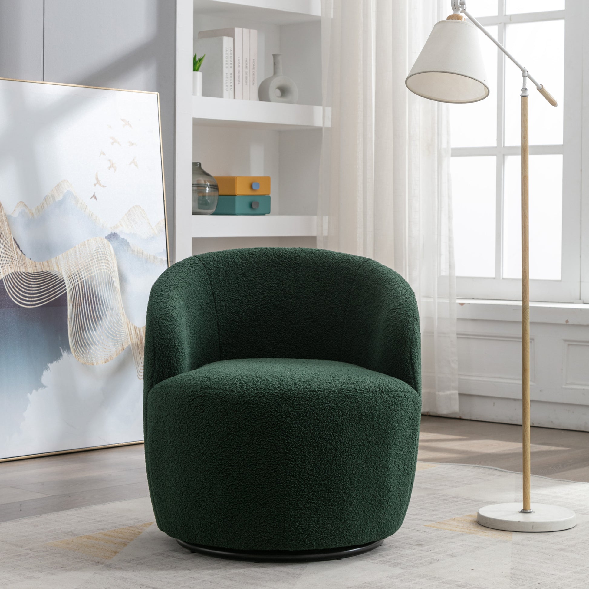 Teddy Fabric Swivel Accent Armchair Barrel Chair With Black Metal Ring- Dark Green_9
