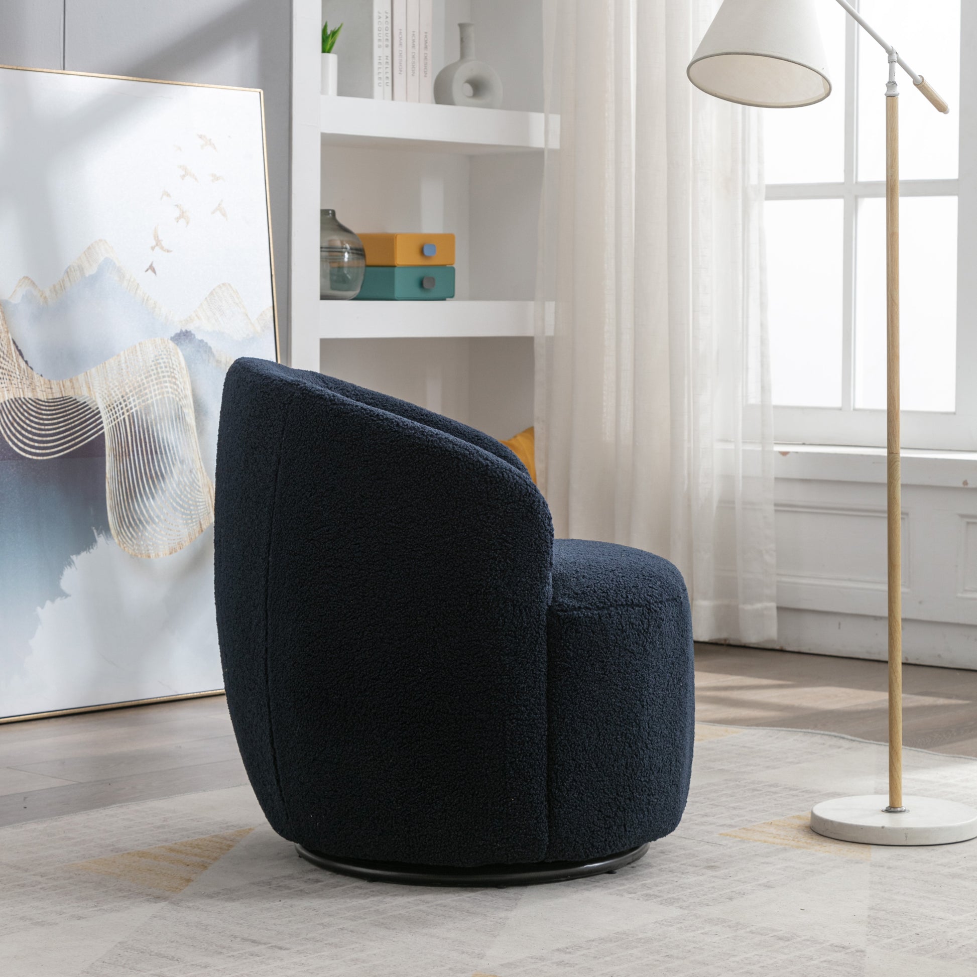 Teddy Fabric Swivel Accent Armchair Barrel Chair With Black Metal Ring- Dark Blue_12
