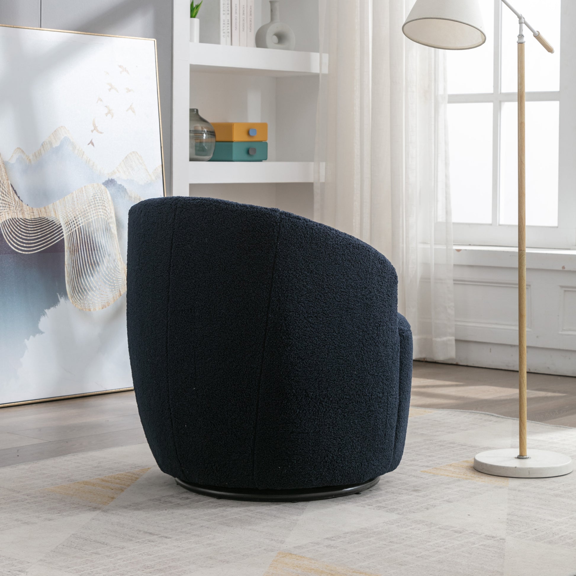 Teddy Fabric Swivel Accent Armchair Barrel Chair With Black Metal Ring- Dark Blue_13