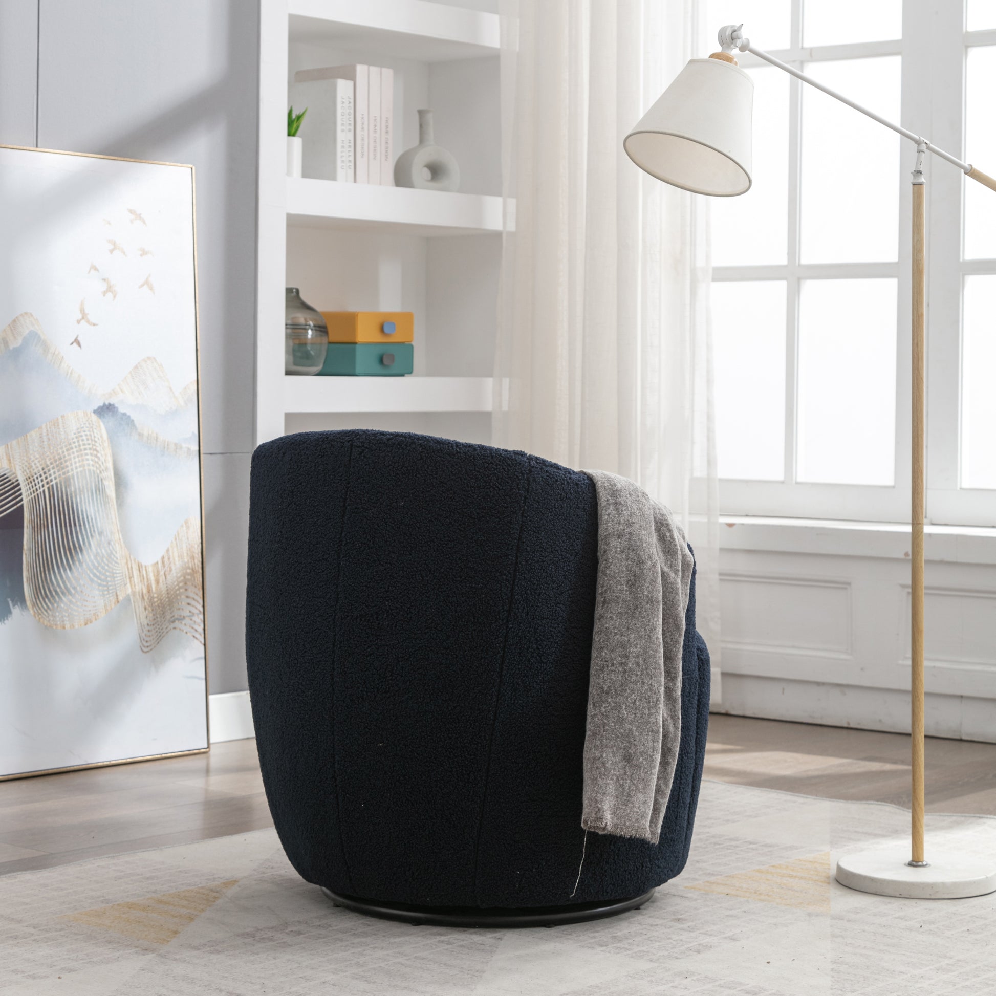 Teddy Fabric Swivel Accent Armchair Barrel Chair With Black Metal Ring- Dark Blue_15