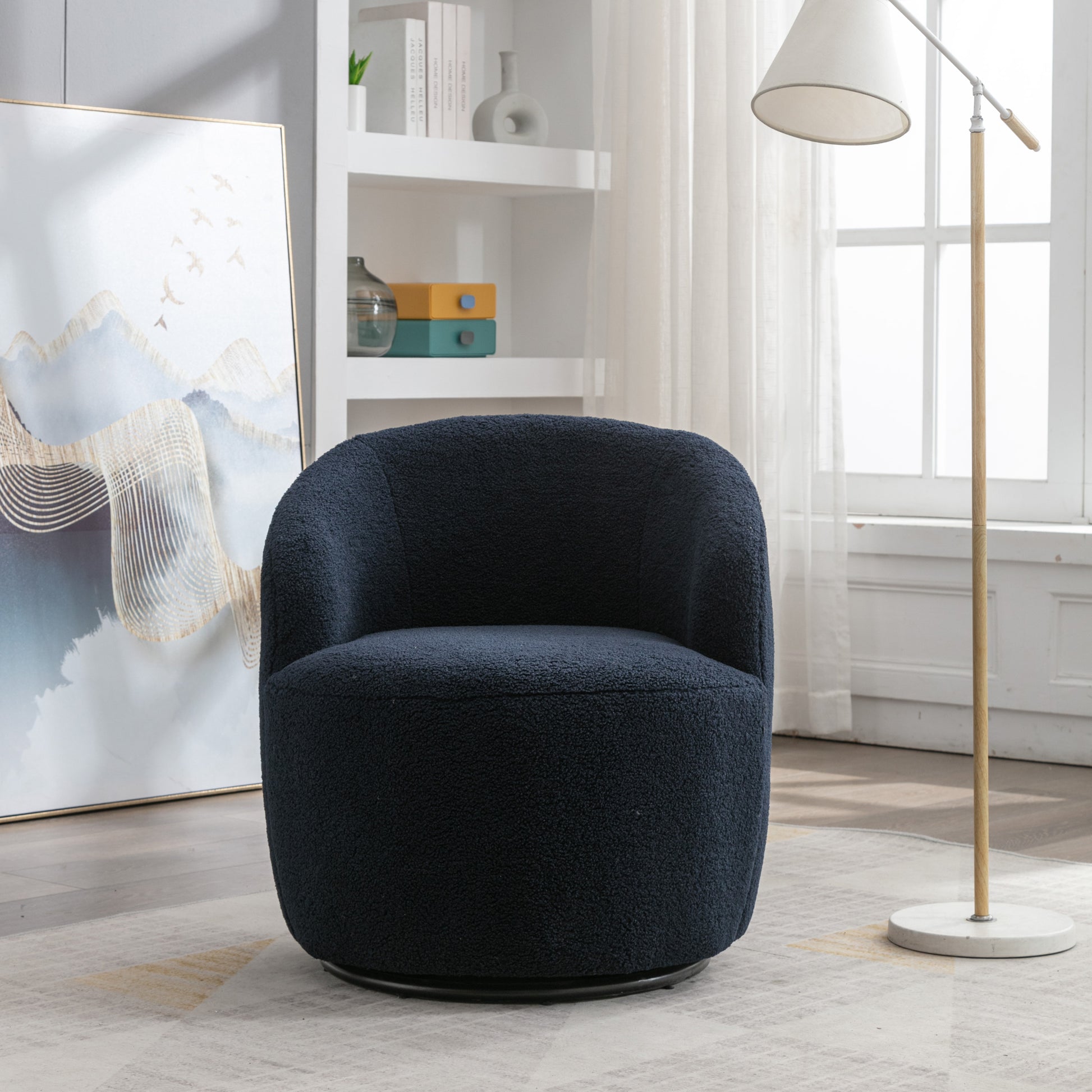Teddy Fabric Swivel Accent Armchair Barrel Chair With Black Metal Ring- Dark Blue_16