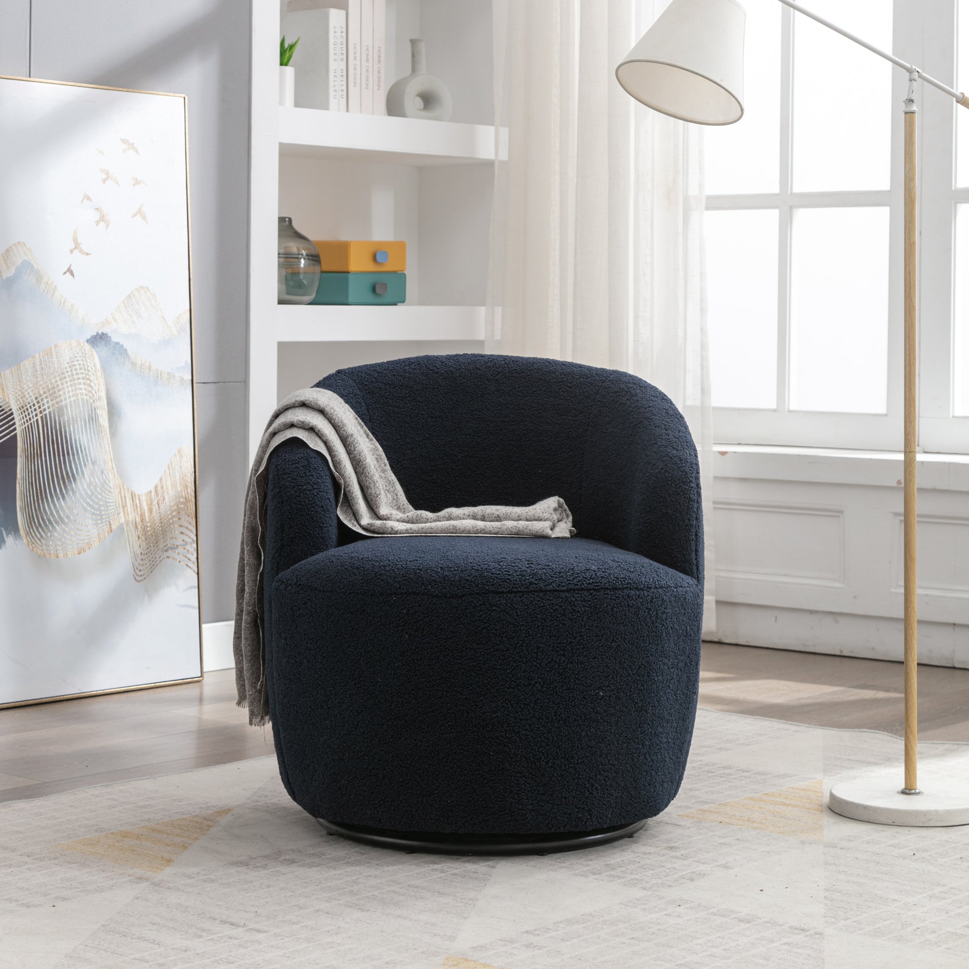 Teddy Fabric Swivel Accent Armchair Barrel Chair With Black Metal Ring- Dark Blue_17
