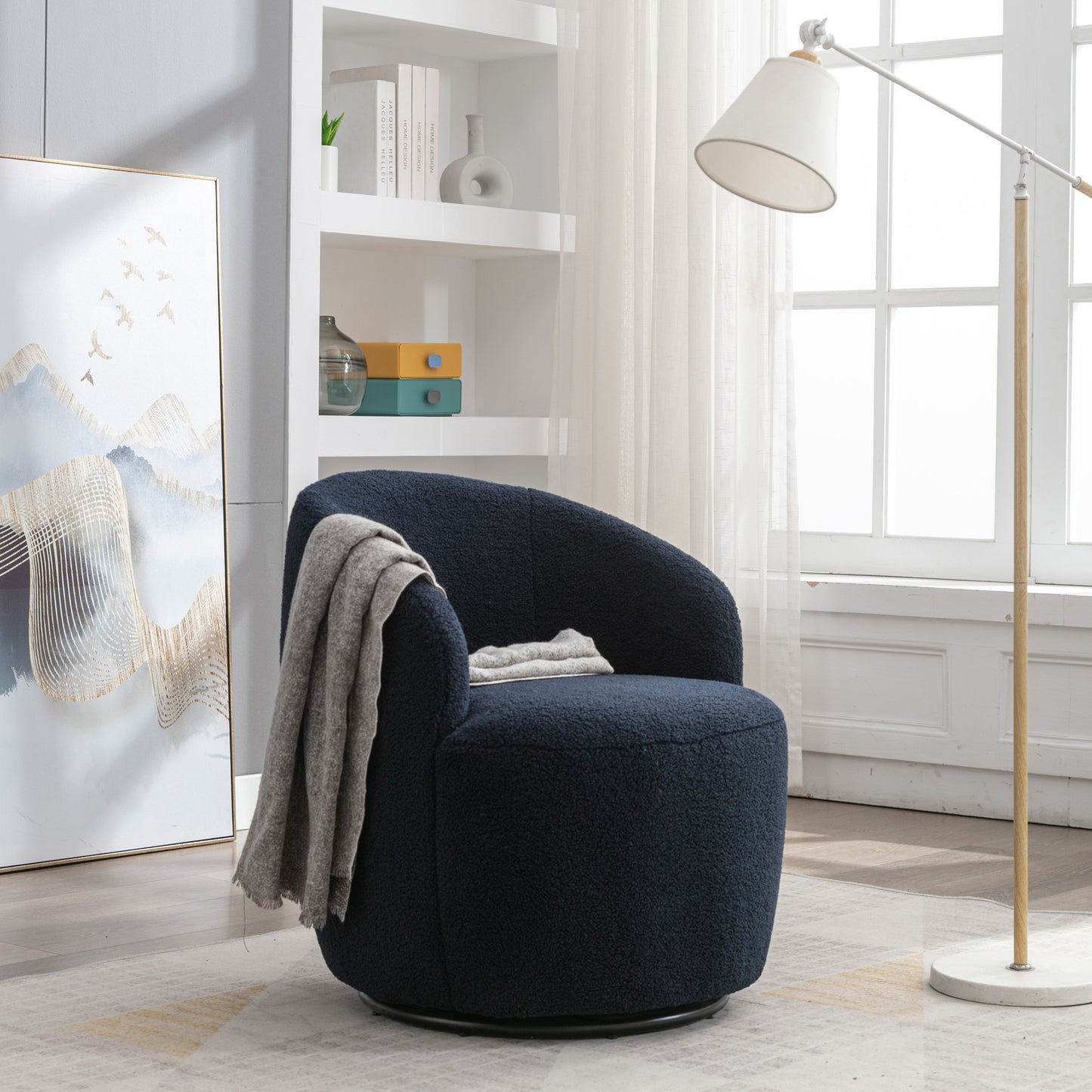 Teddy Fabric Swivel Accent Armchair Barrel Chair With Black Metal Ring- Dark Blue_3