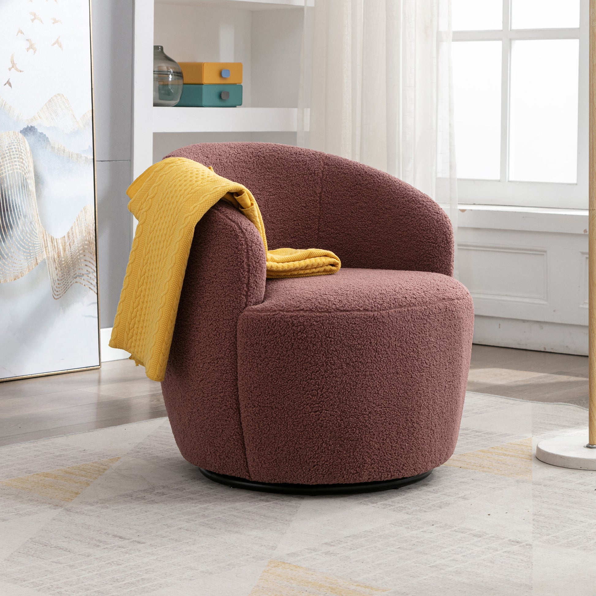 Teddy Fabric Swivel Accent Armchair Barrel Chair With Black Metal Ring- Dark Red_1