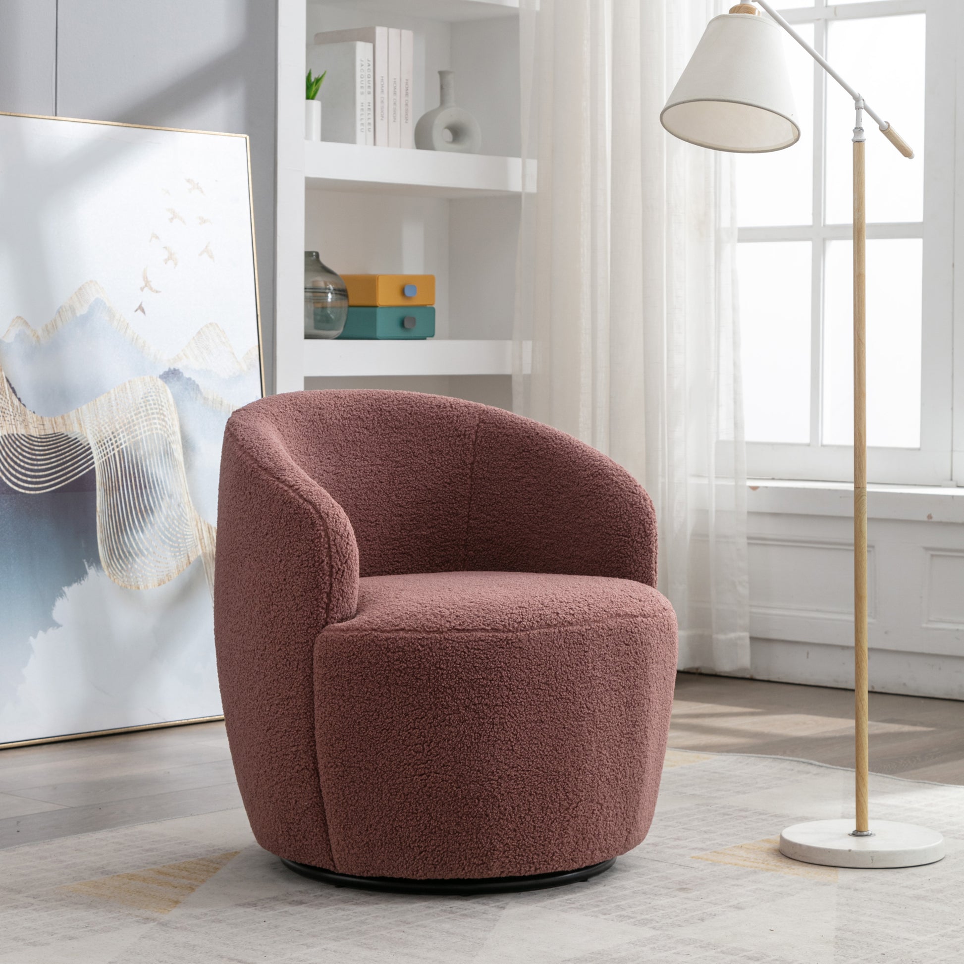 Teddy Fabric Swivel Accent Armchair Barrel Chair With Black Metal Ring- Dark Red_13