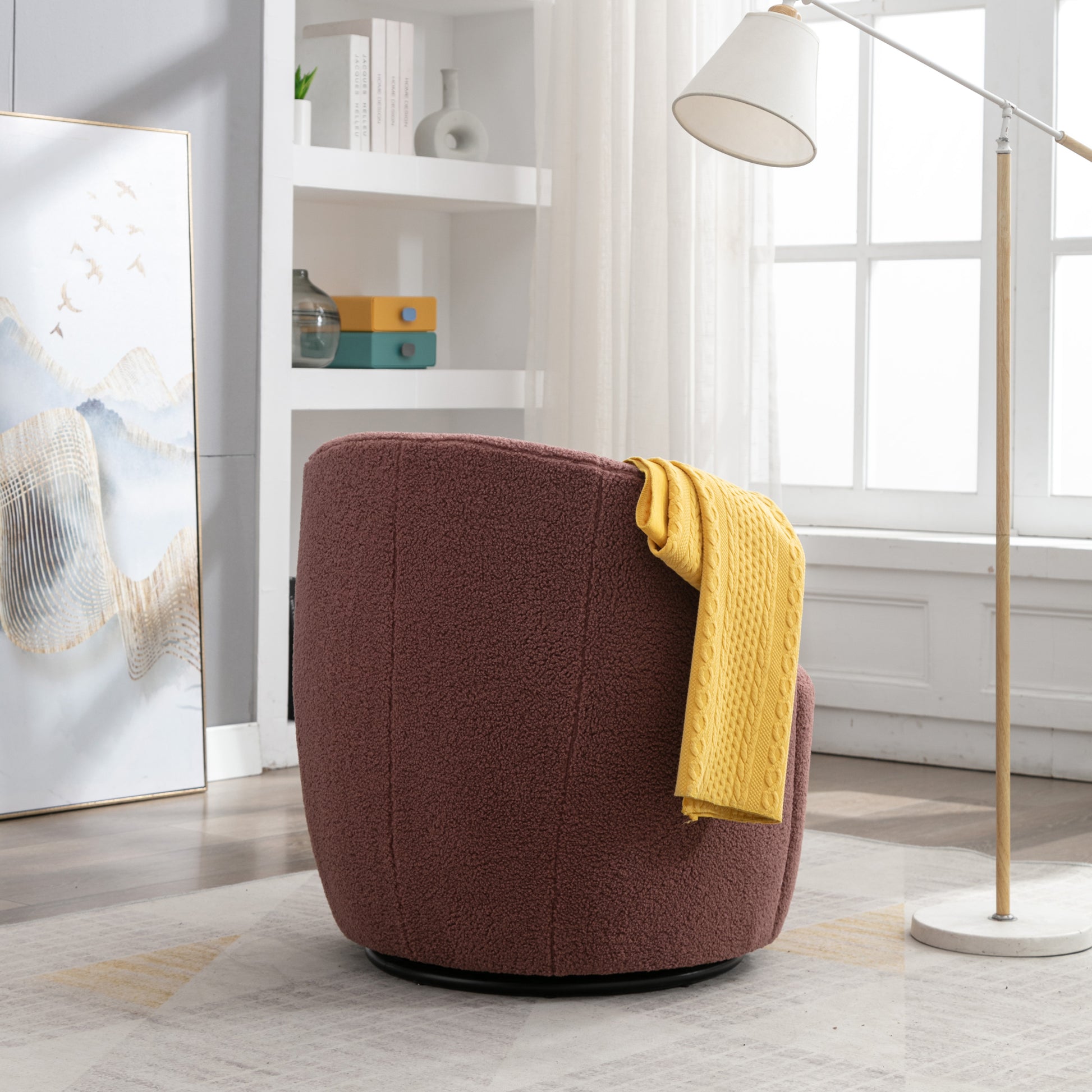Teddy Fabric Swivel Accent Armchair Barrel Chair With Black Metal Ring- Dark Red_14