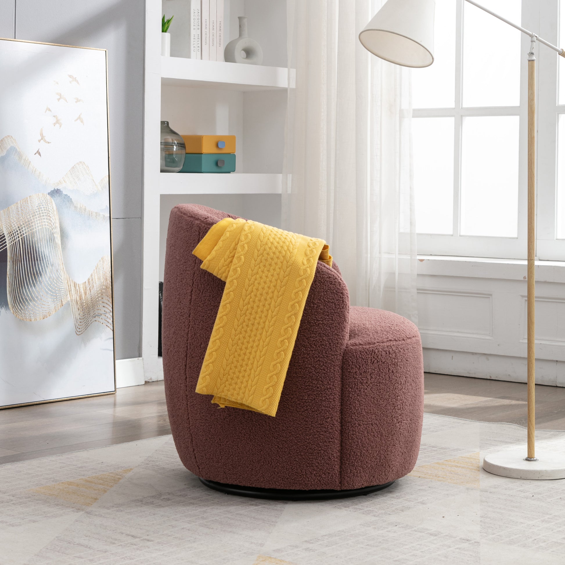 Teddy Fabric Swivel Accent Armchair Barrel Chair With Black Metal Ring- Dark Red_7
