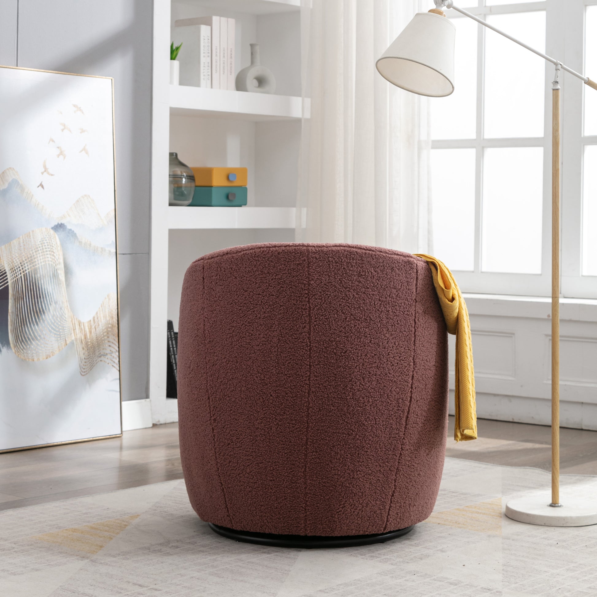 Teddy Fabric Swivel Accent Armchair Barrel Chair With Black Metal Ring- Dark Red_8