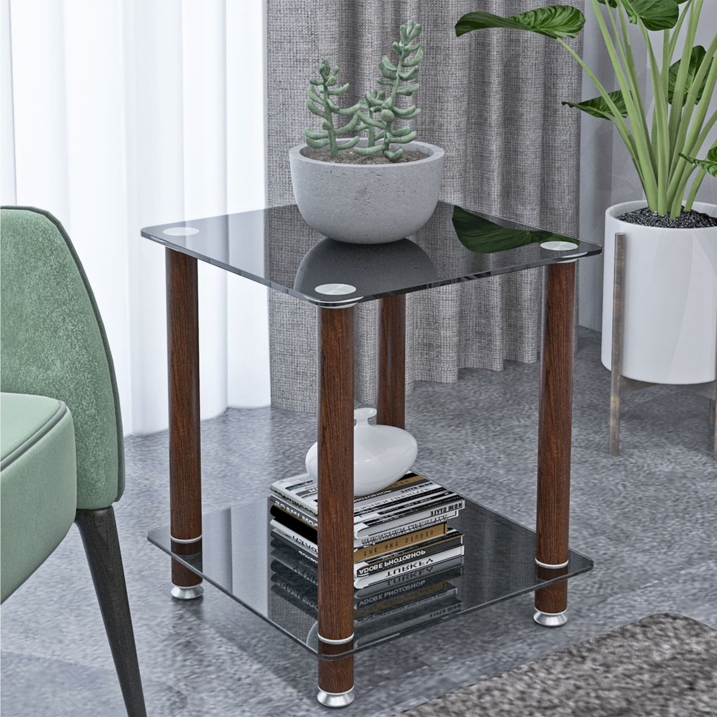 2 Tiers Space Saving End Table Modern Design Night Stand with Storage Shelve- Black+Walnut_1