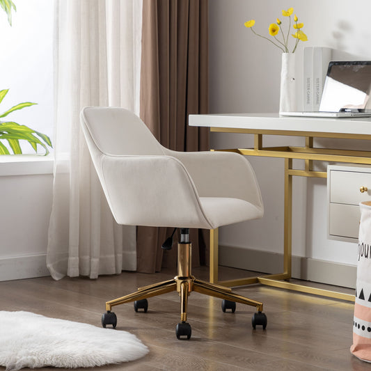 360° Revolving Modern Design Velvet Home and Office Chair with Metal Legs- Ivory_0
